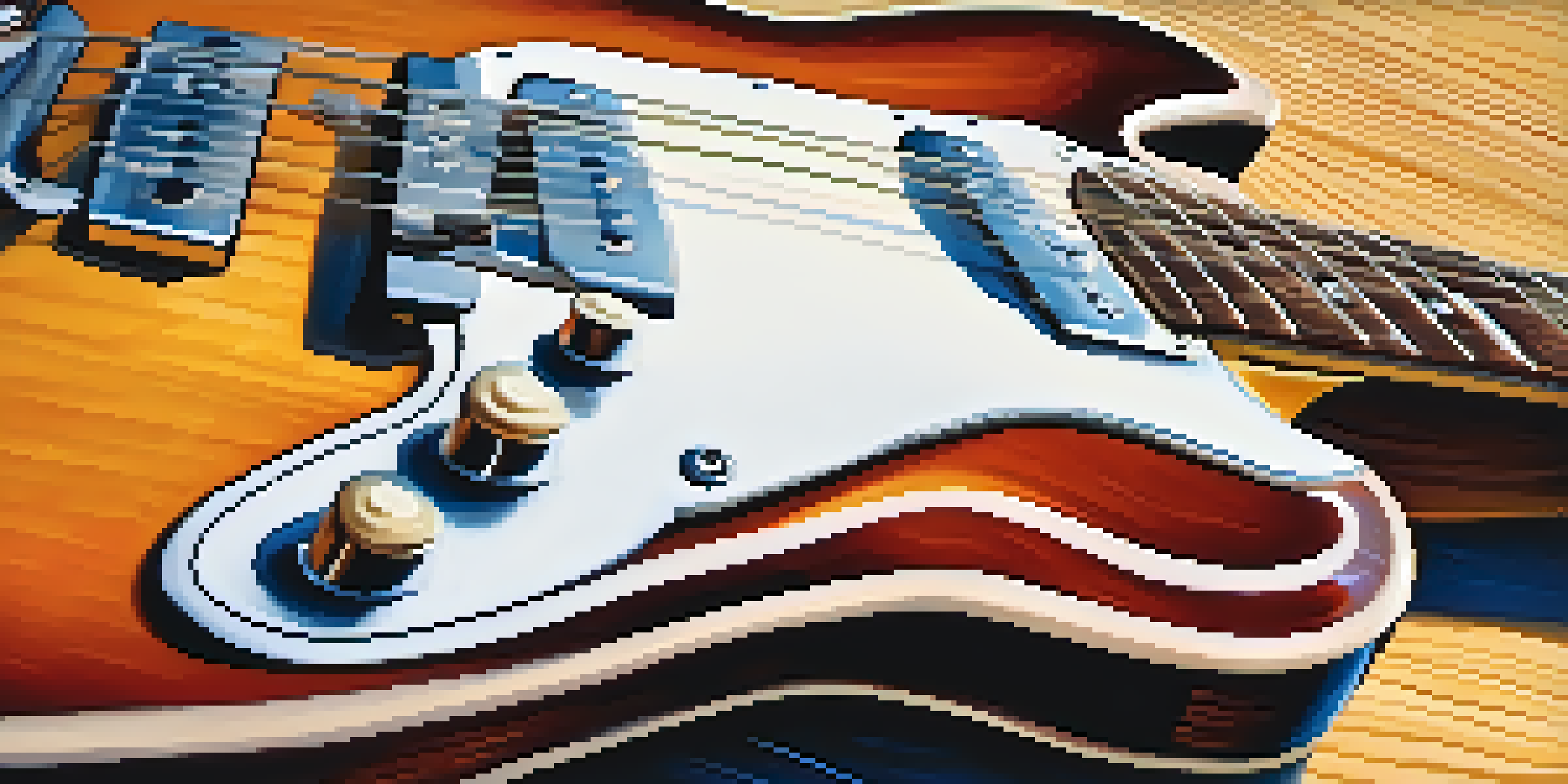 A detailed close-up of a vintage electric guitar with rich wood grain and shiny hardware, illuminated by soft natural light.