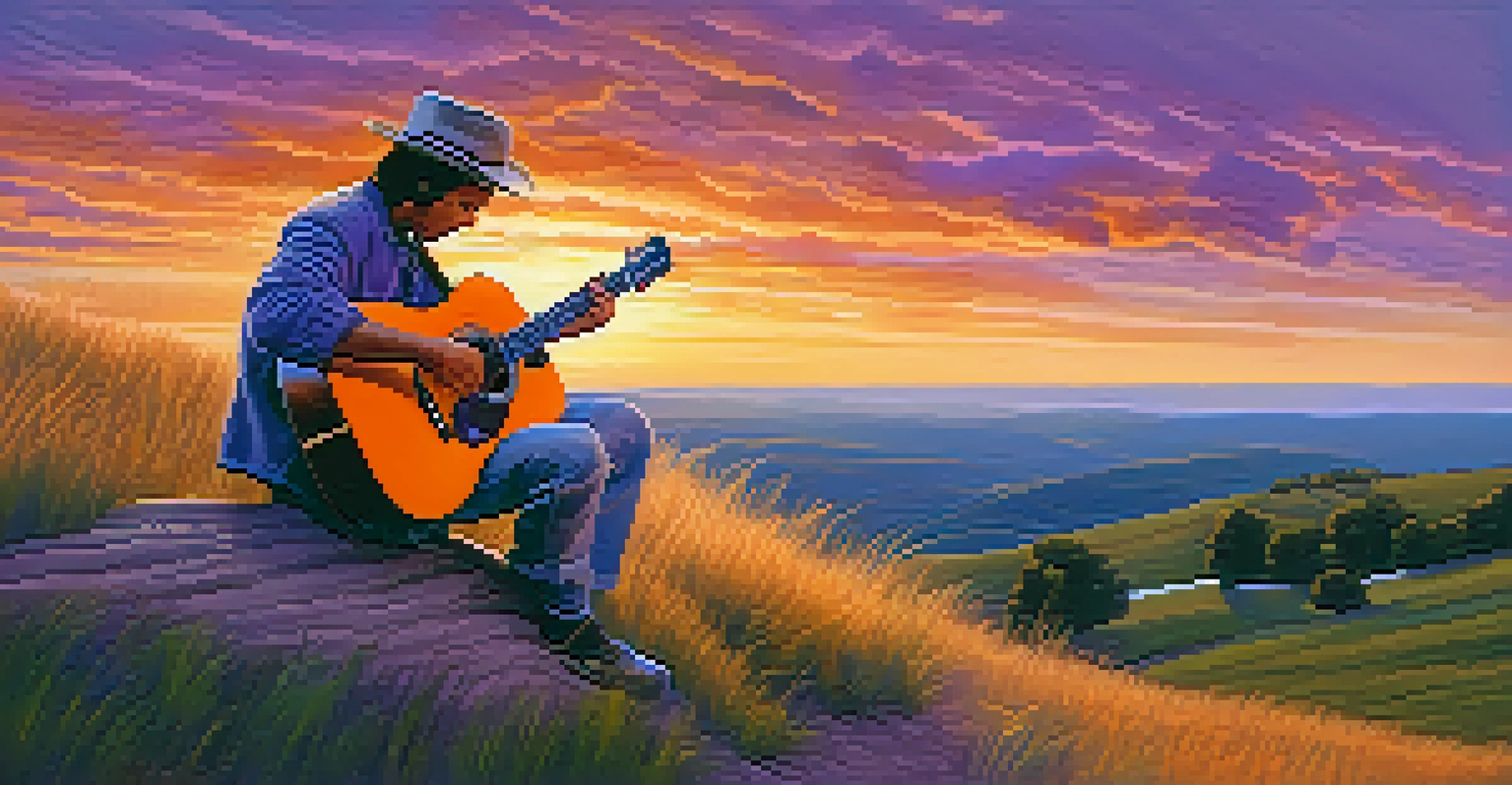 A musician playing guitar on a grassy hill at sunset, with vibrant colors in the sky and a notepad beside them.
