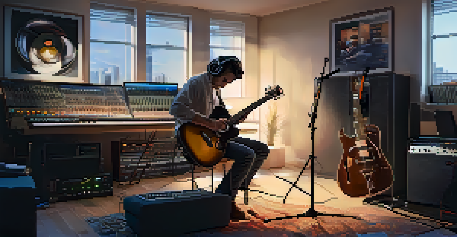 A musician playing guitar in a modern home studio with a computer and DAW interface.