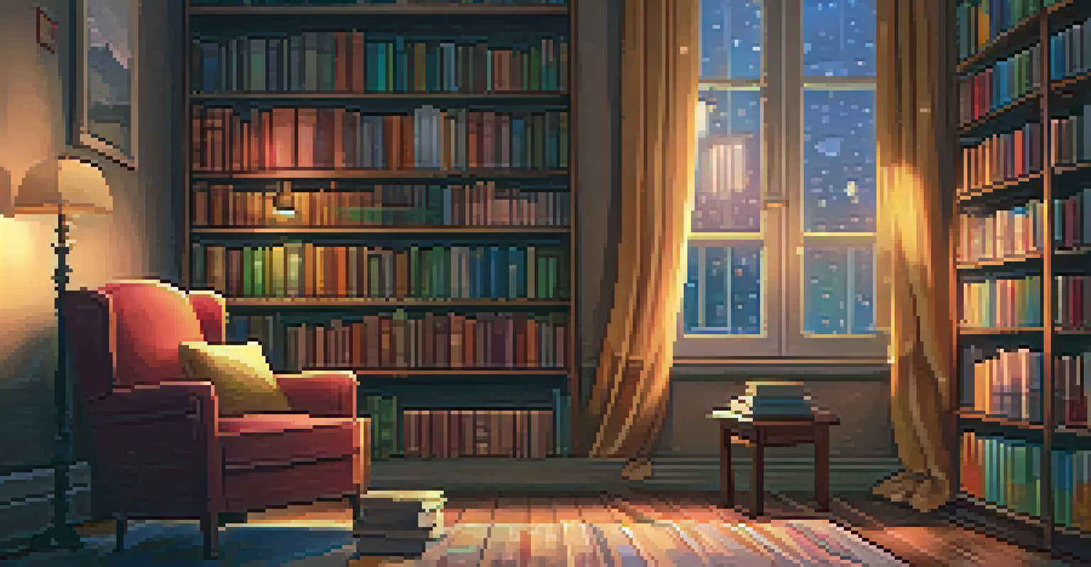 A warm and inviting reading nook with an armchair, a cup of tea on a table, and a bookshelf, with rain visible through the window.