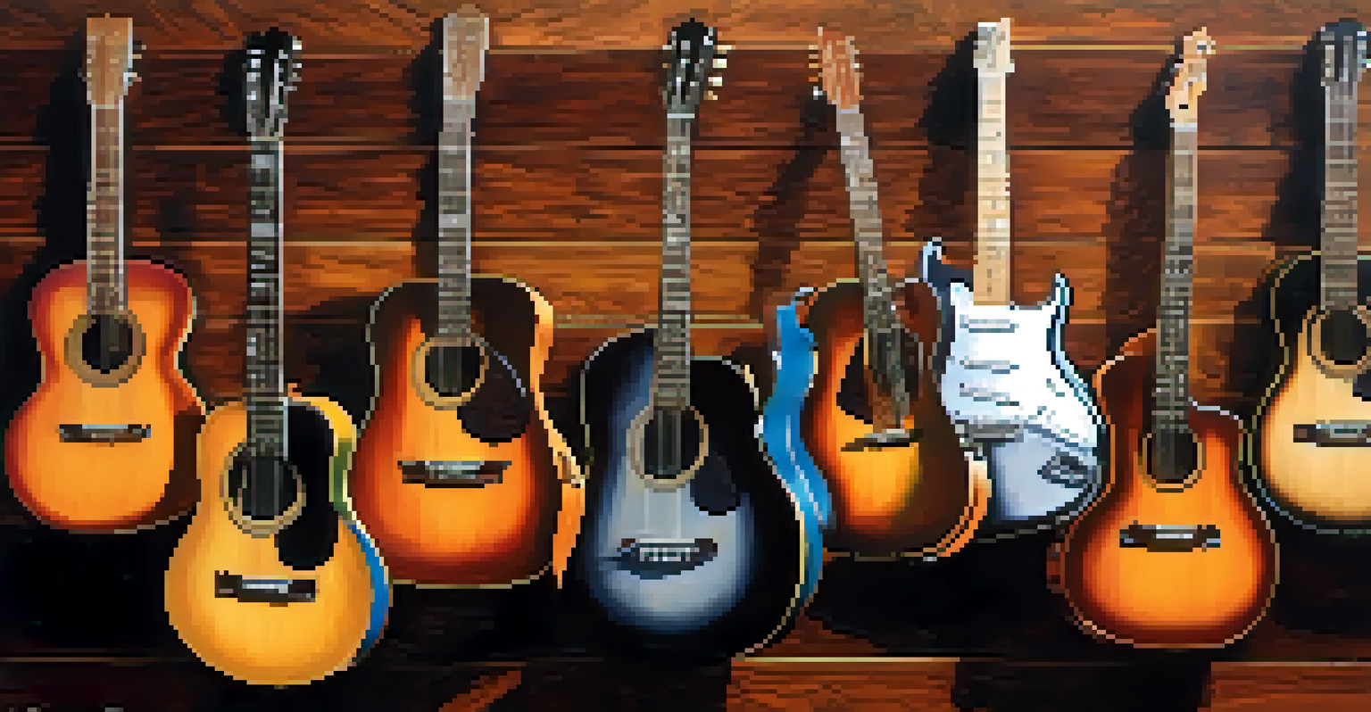 A circular arrangement of guitar necks representing different open tunings, with colorful strings and a textured wooden background.