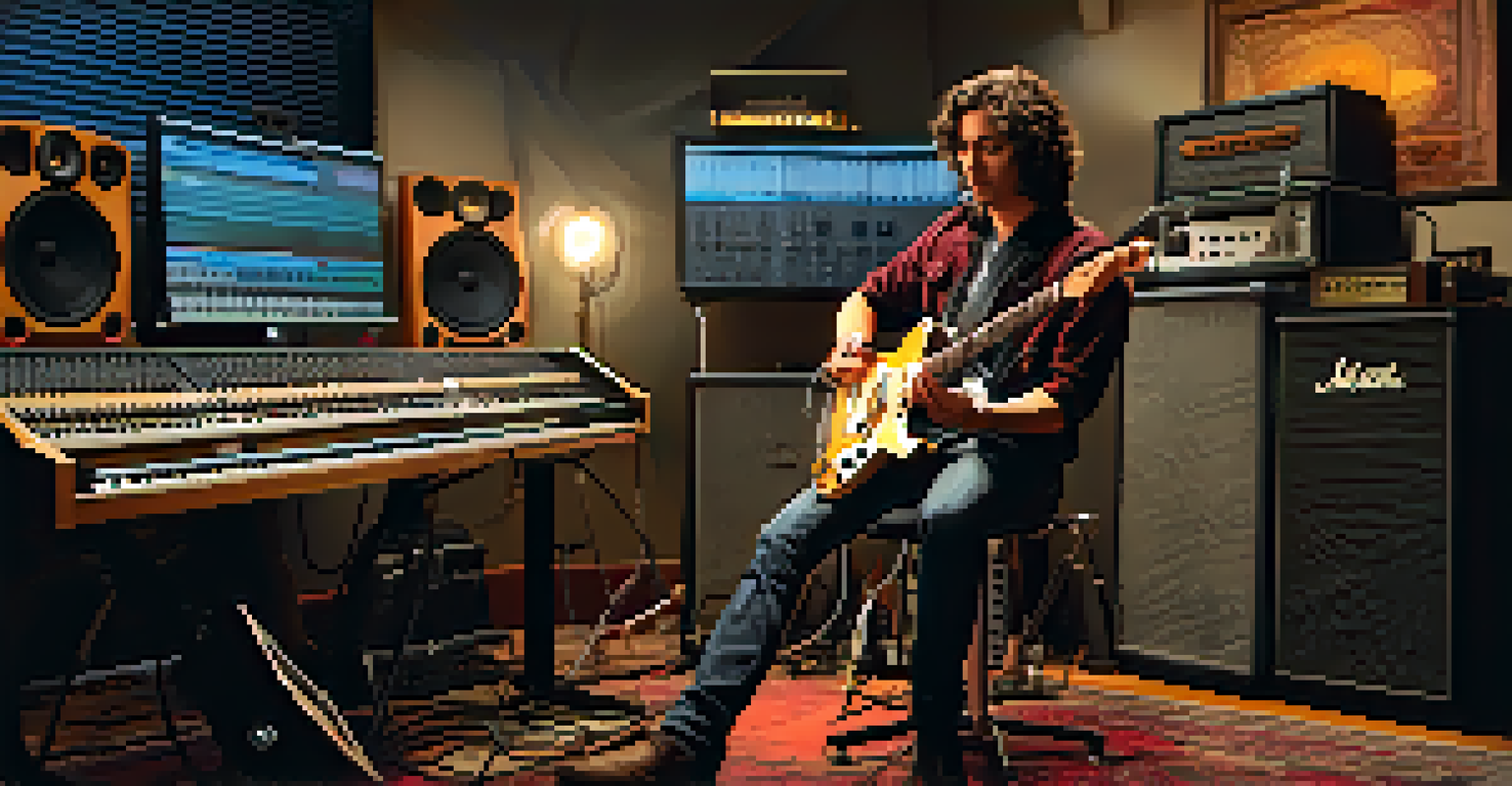 A lead guitarist in a recording studio, leaning into a microphone with instruments and digital equipment around.