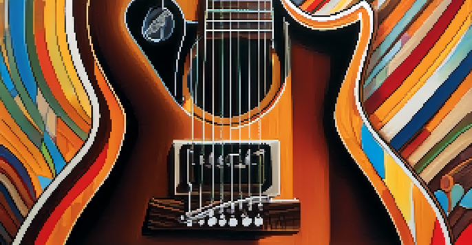 A close-up of a beautifully detailed guitar against a colorful abstract background, illuminated by warm lighting.