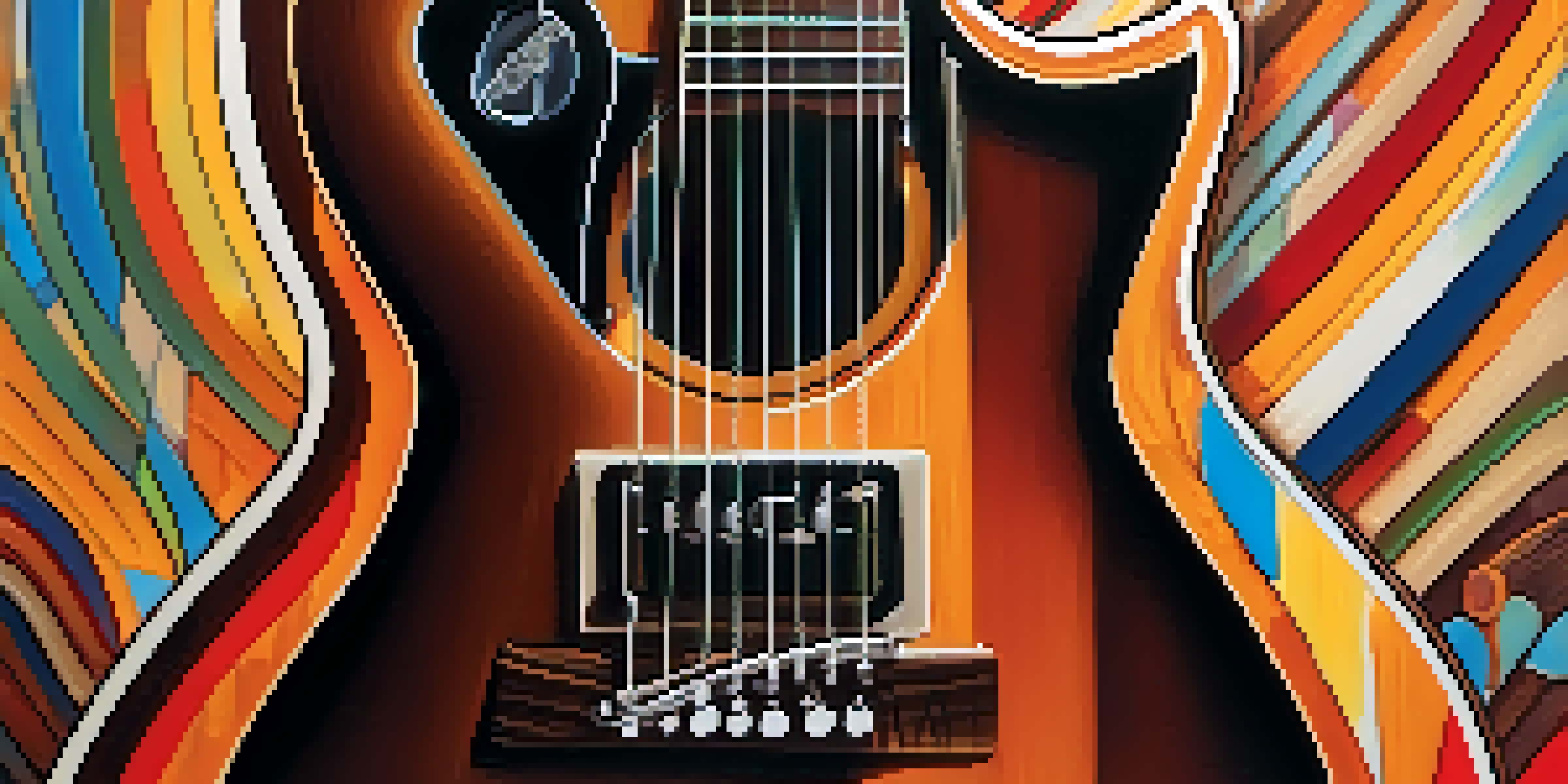 A close-up of a beautifully detailed guitar against a colorful abstract background, illuminated by warm lighting.