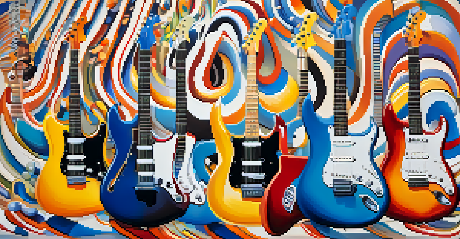 An artistic representation of colorful sound waves emanating from guitars against an abstract background.