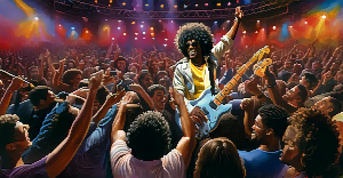A dynamic rock and roll performer playing guitar on stage, with an enthusiastic diverse crowd cheering in a colorful concert setting.