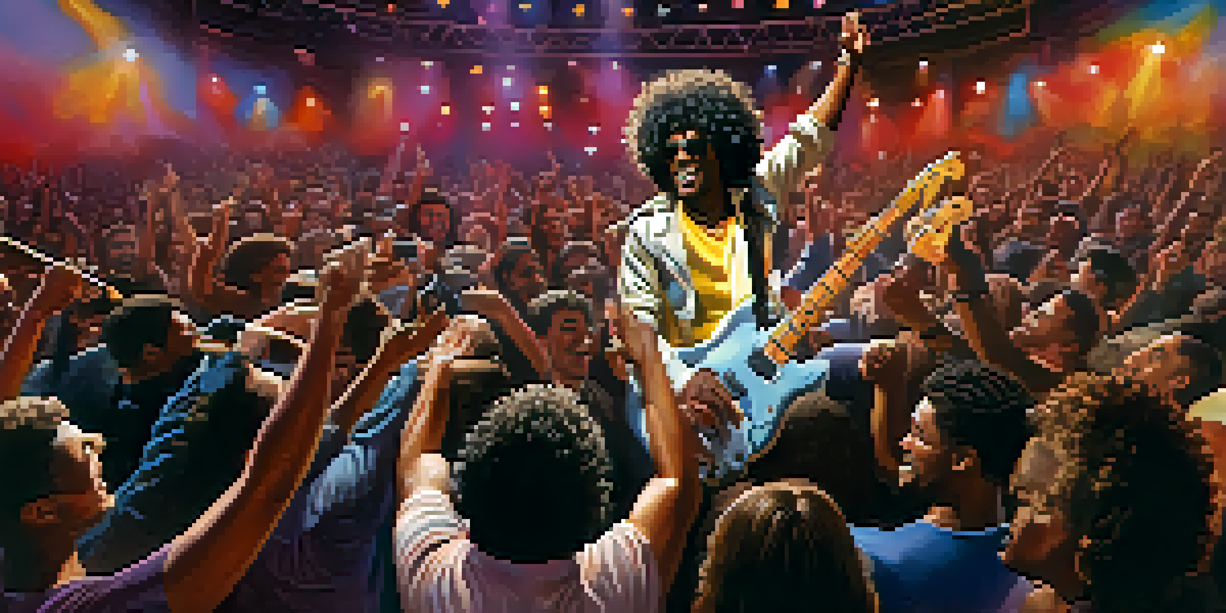 A dynamic rock and roll performer playing guitar on stage, with an enthusiastic diverse crowd cheering in a colorful concert setting.