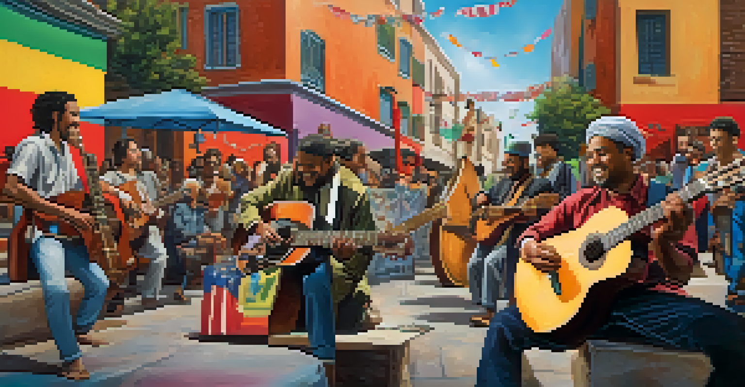 Musicians from various cultures playing guitars together in a vibrant street scene with colorful art and an engaged audience.