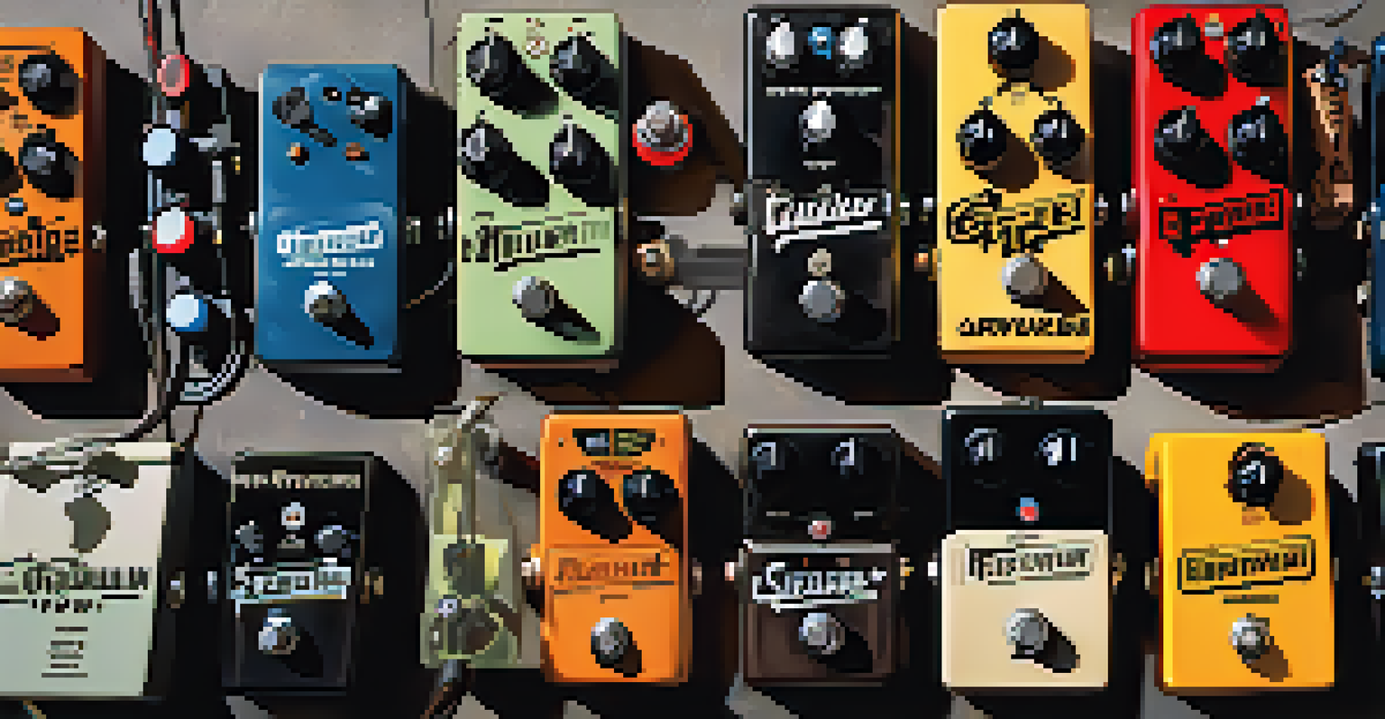 An artistic arrangement of various guitar pedals on a textured surface, illuminated by soft light, creating a music studio ambiance.