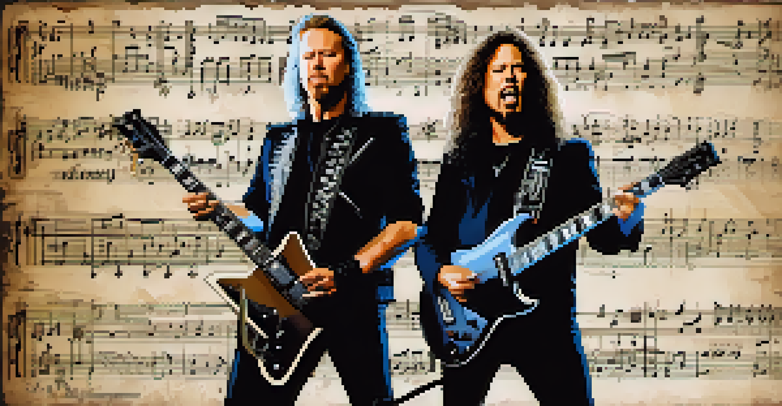 Stylized portraits of famous metal guitarists surrounded by musical notes and flames.
