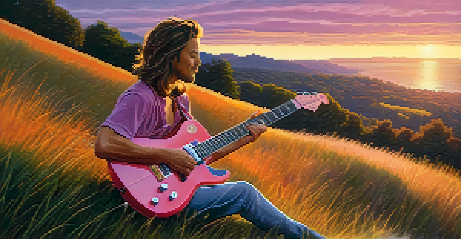 A musician playing an electric guitar on a grassy hill during a vibrant sunset.