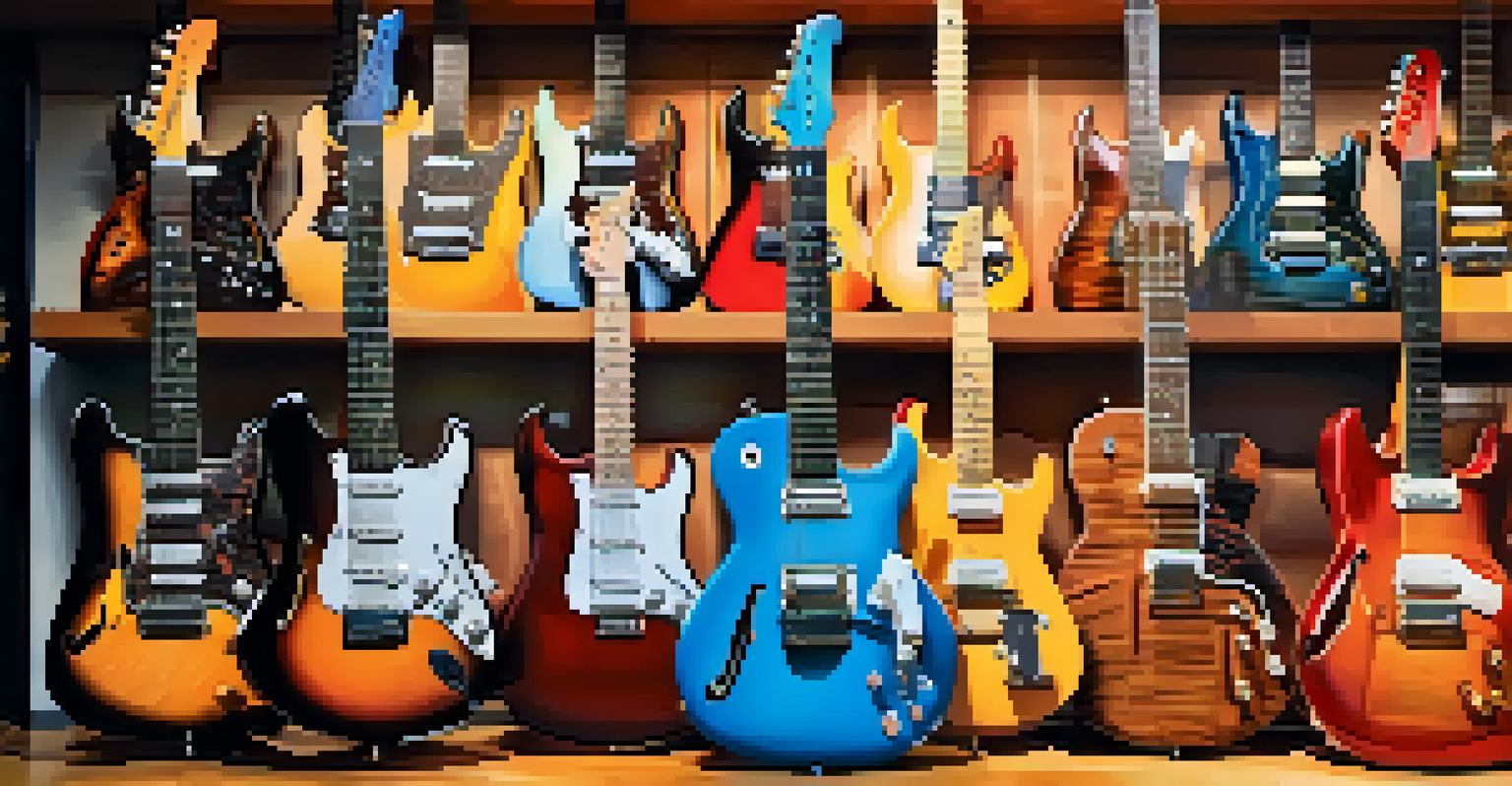A display of various electric guitars in a music store, showcasing different designs and colors.