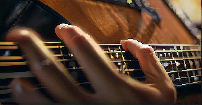 A close-up of a hand playing a guitar with warm lighting, focusing on finger placements and the guitar's textures.