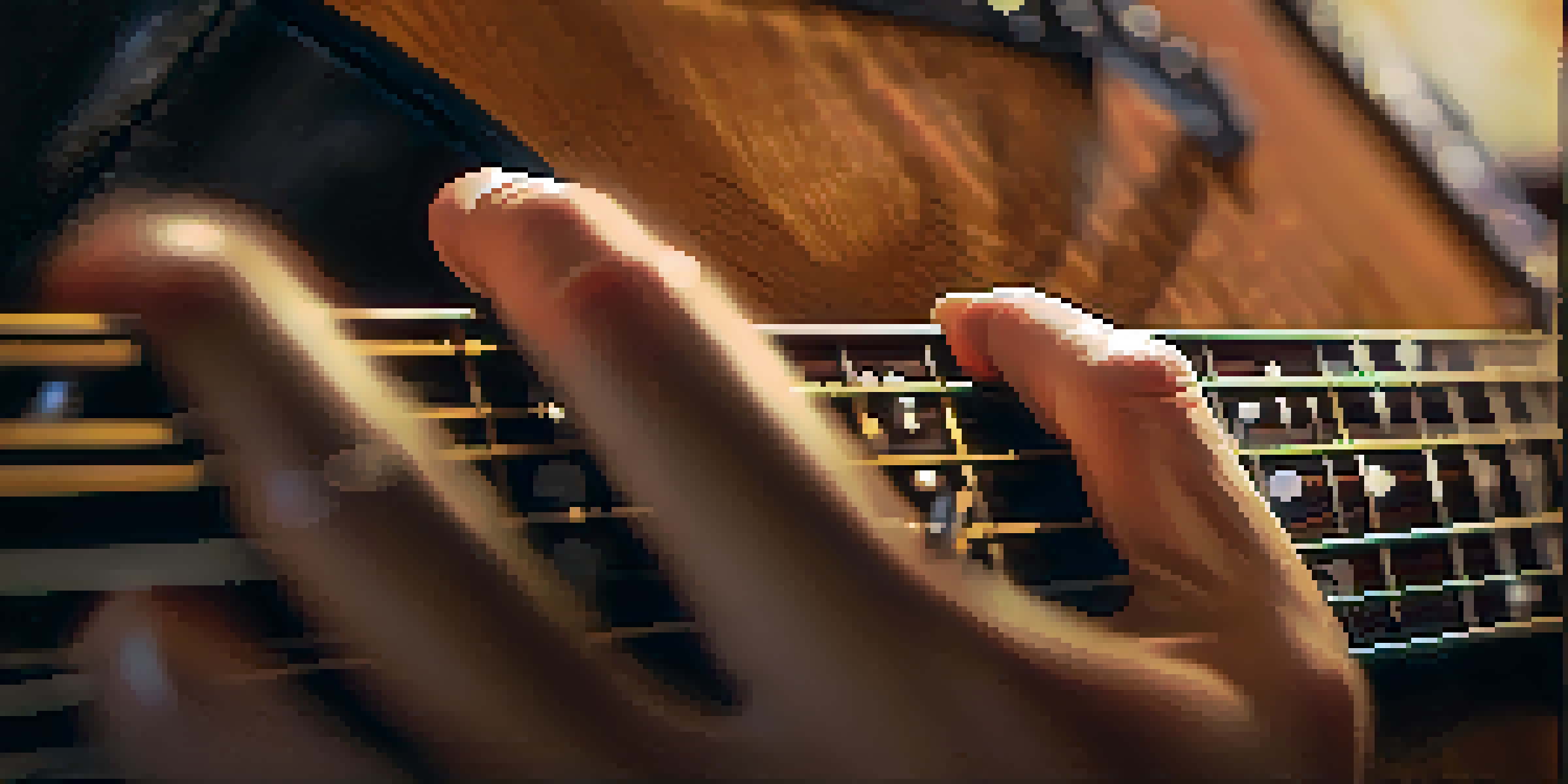 A close-up of a hand playing a guitar with warm lighting, focusing on finger placements and the guitar's textures.