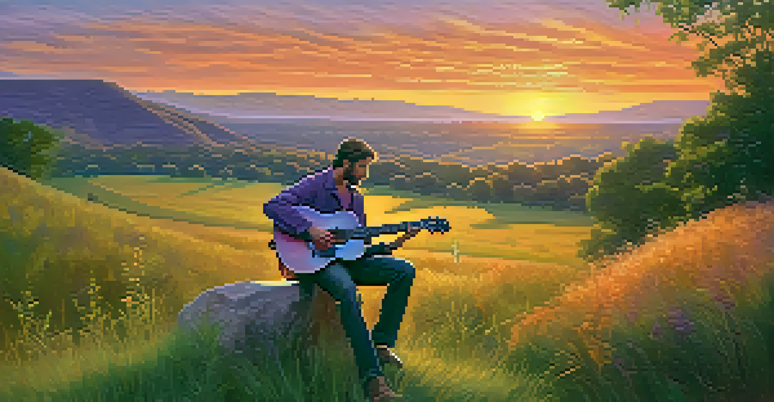 Guitarist playing fingerstyle guitar on a grassy hill at sunset, with a colorful sky in the background.
