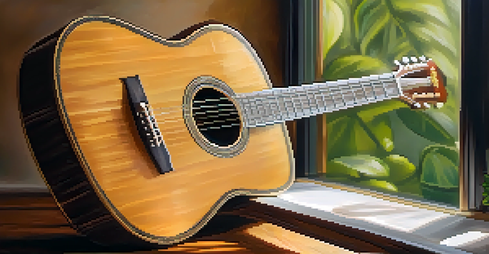 A close-up view of an acoustic guitar on a rustic table, with sunlight highlighting its wood grain.