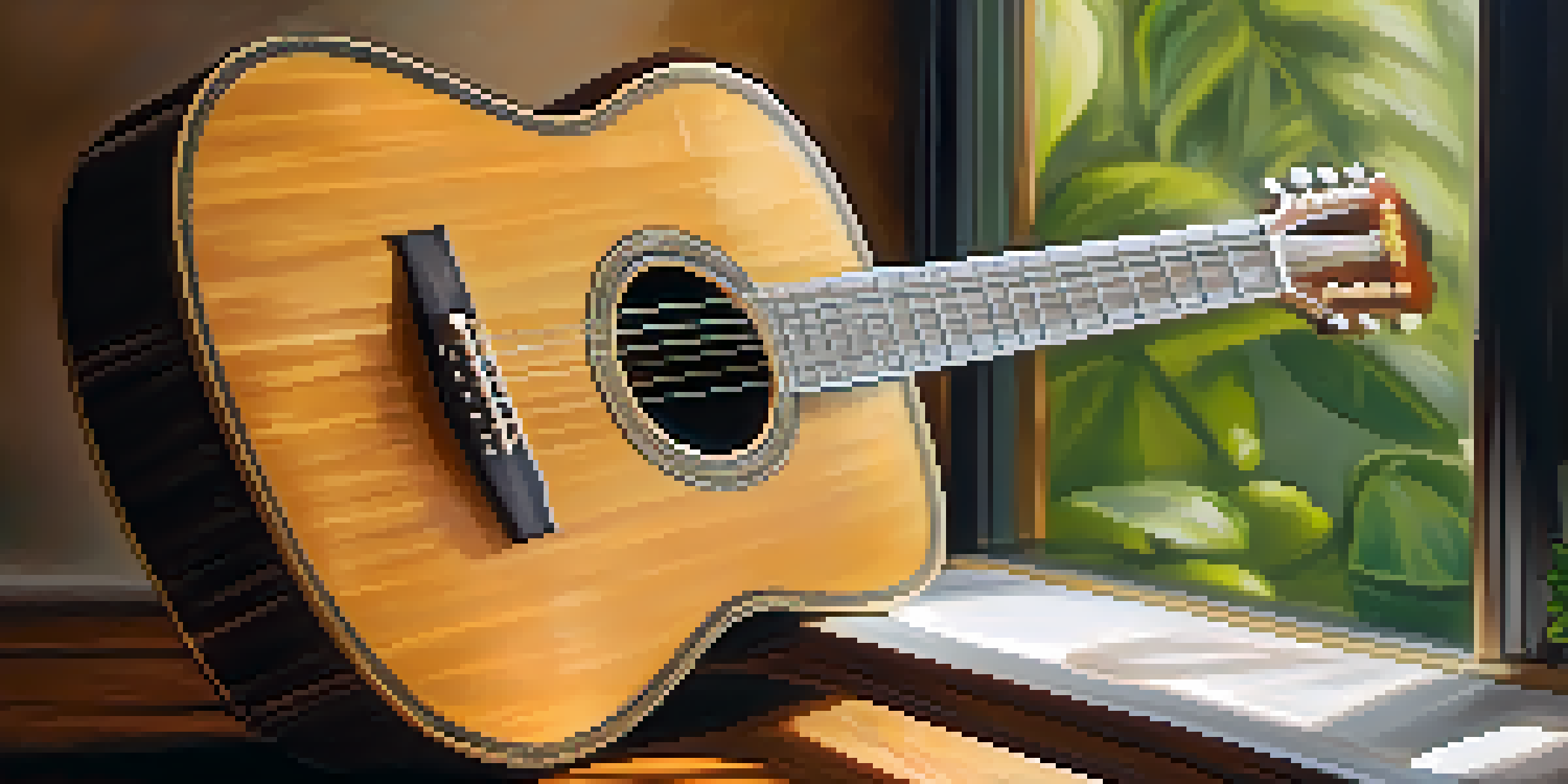 A close-up view of an acoustic guitar on a rustic table, with sunlight highlighting its wood grain.