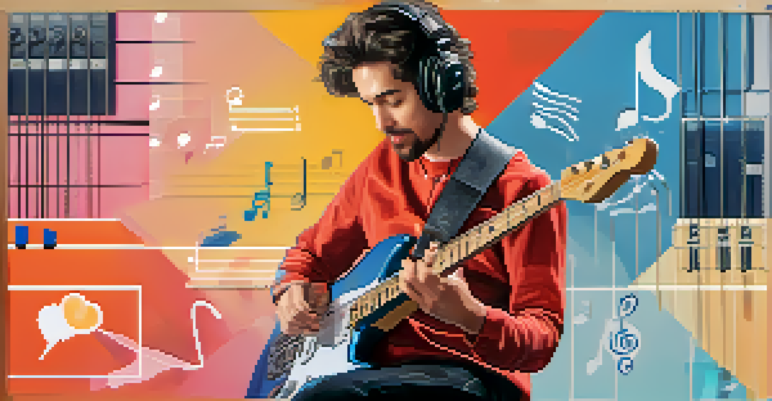 A split-screen image of a guitarist demonstrating a technique and a viewer practicing, surrounded by musical notes and social media icons.