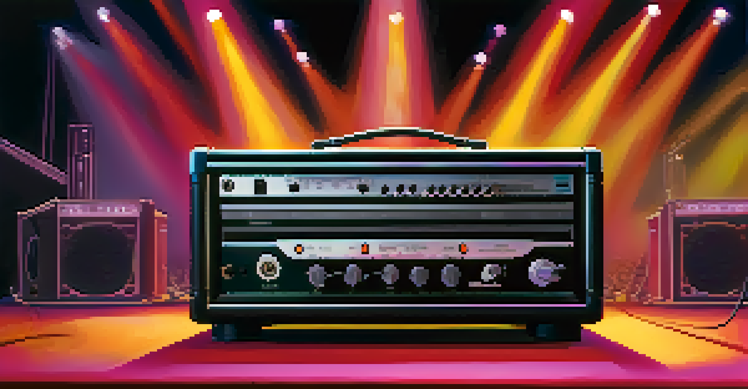 A modern solid-state amplifier illuminated by LED lights on a stage with an audience in the background.