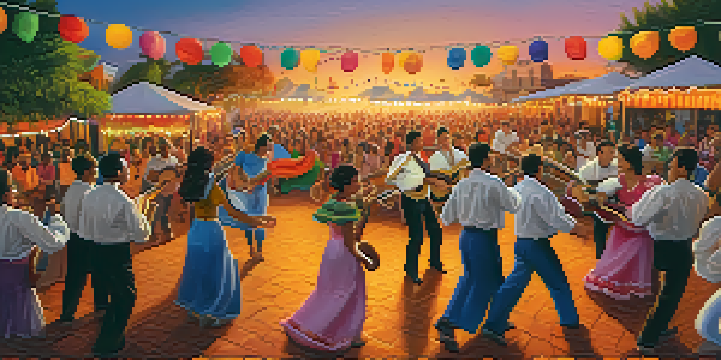 An outdoor Latin American festival with musicians playing guitars and people dancing in colorful costumes under festive lights at sunset.