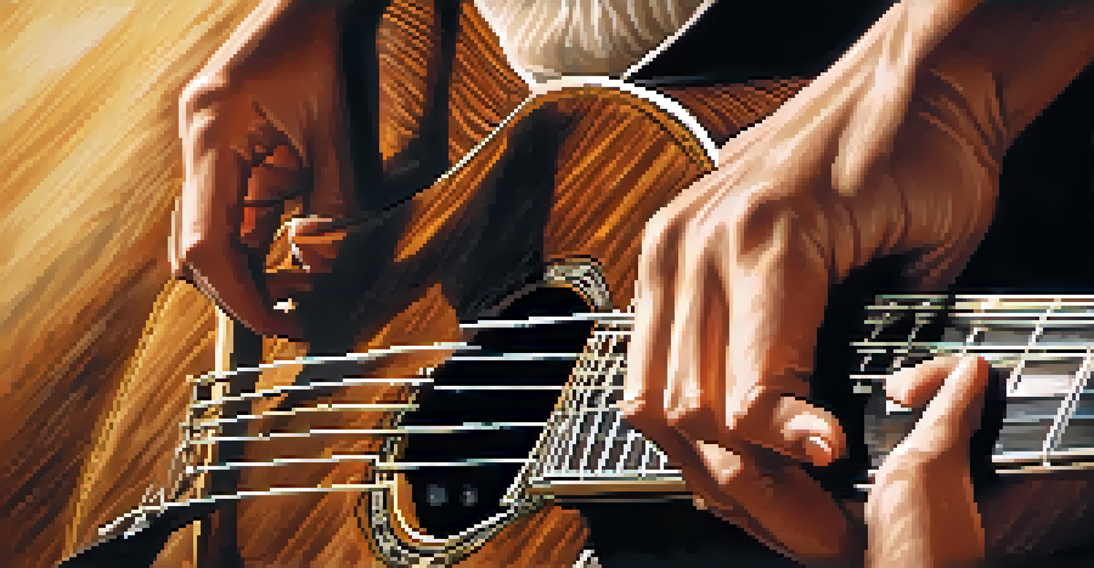 Close-up of a guitarist's hands playing an acoustic guitar.