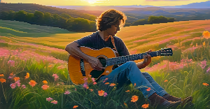 A guitarist sitting on a hill at sunset, playing a classical guitar with wildflowers in the foreground.