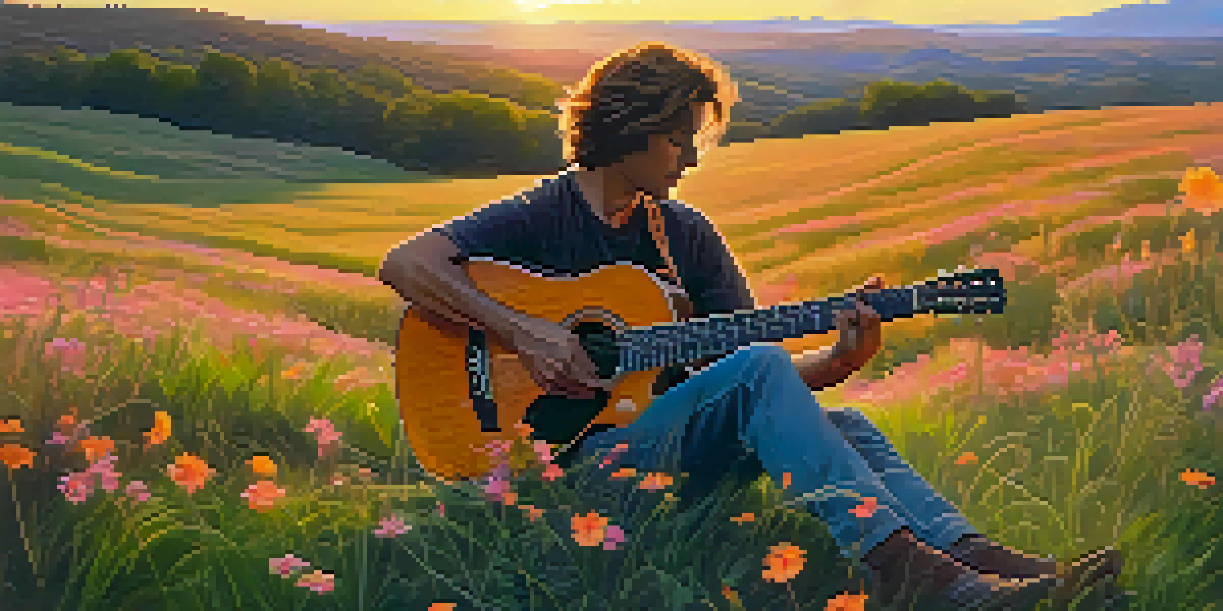 A guitarist sitting on a hill at sunset, playing a classical guitar with wildflowers in the foreground.