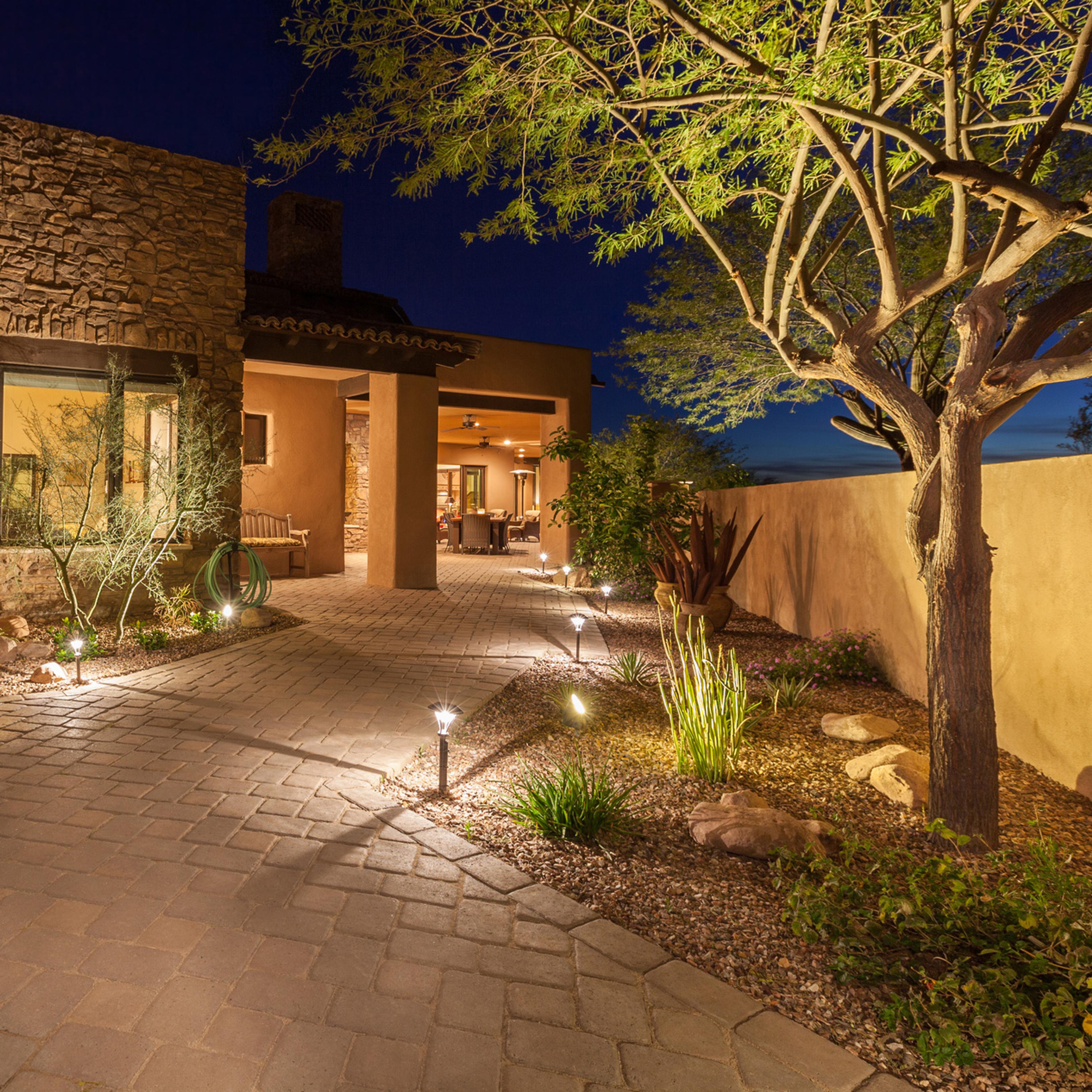 Outside of a desert home with outdoor lighting and drought-adapted plants