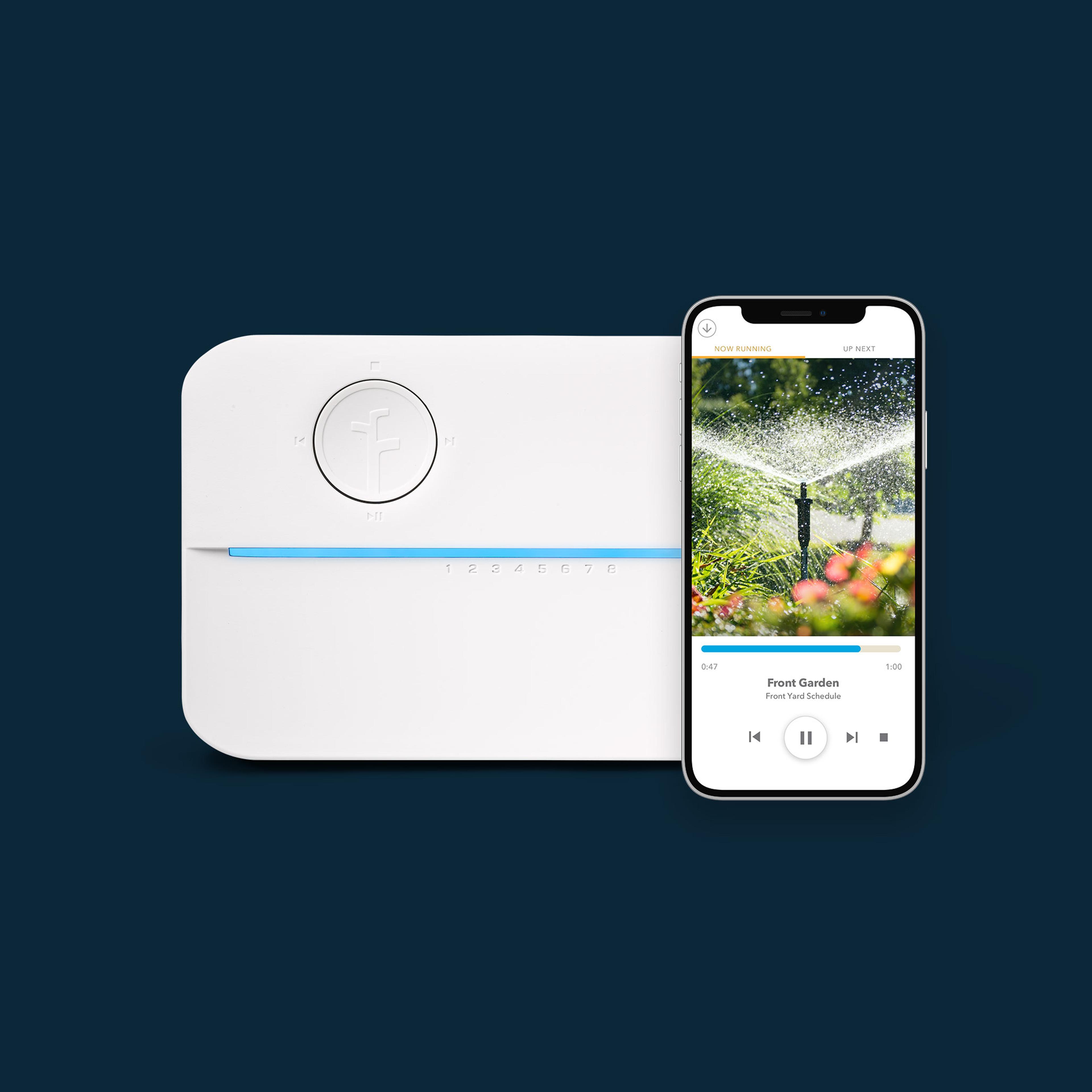 Rachio 3 Controller and phone with Rachio app