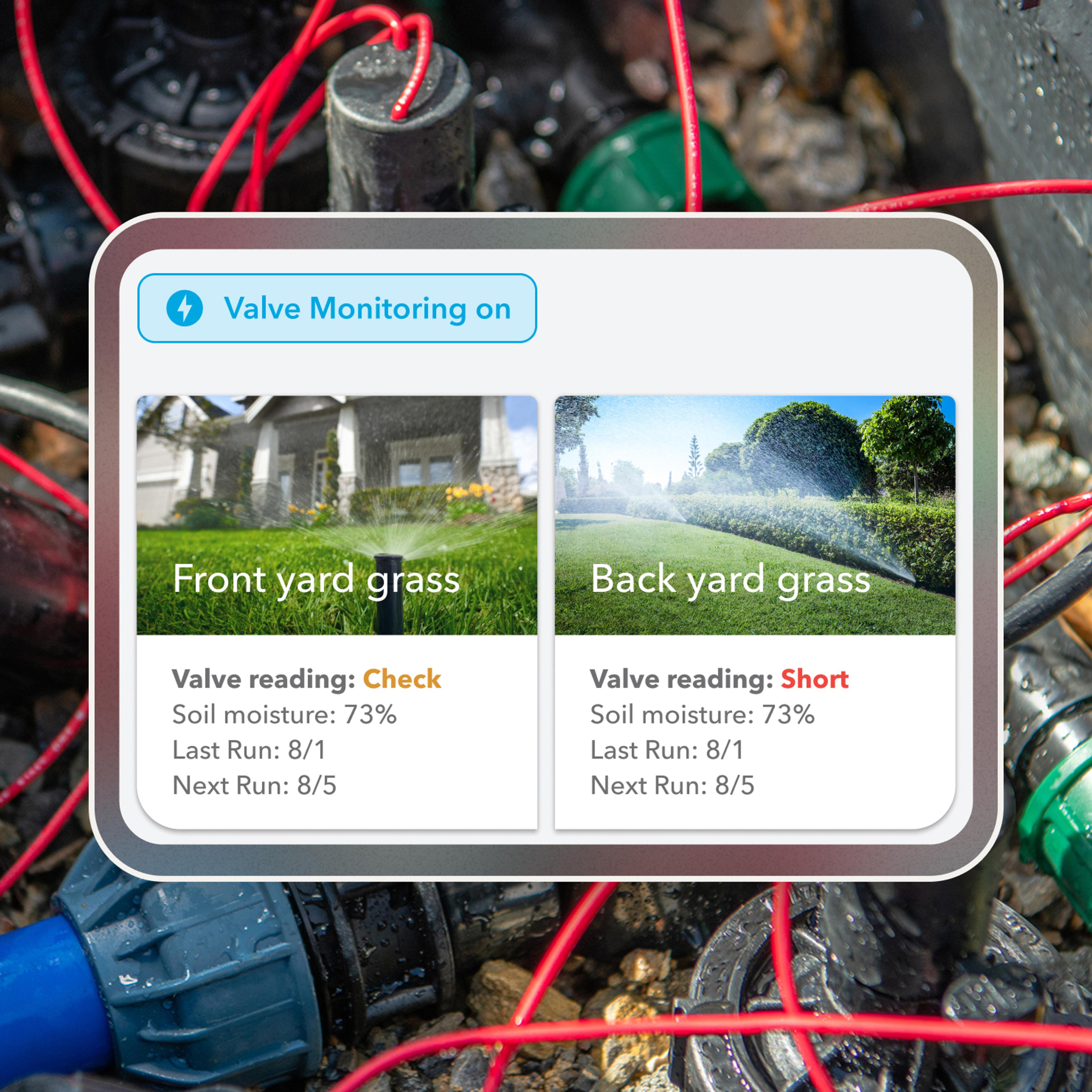 App feature screenshot showing different zones with Valve Readings in error states "Check" and "Short"