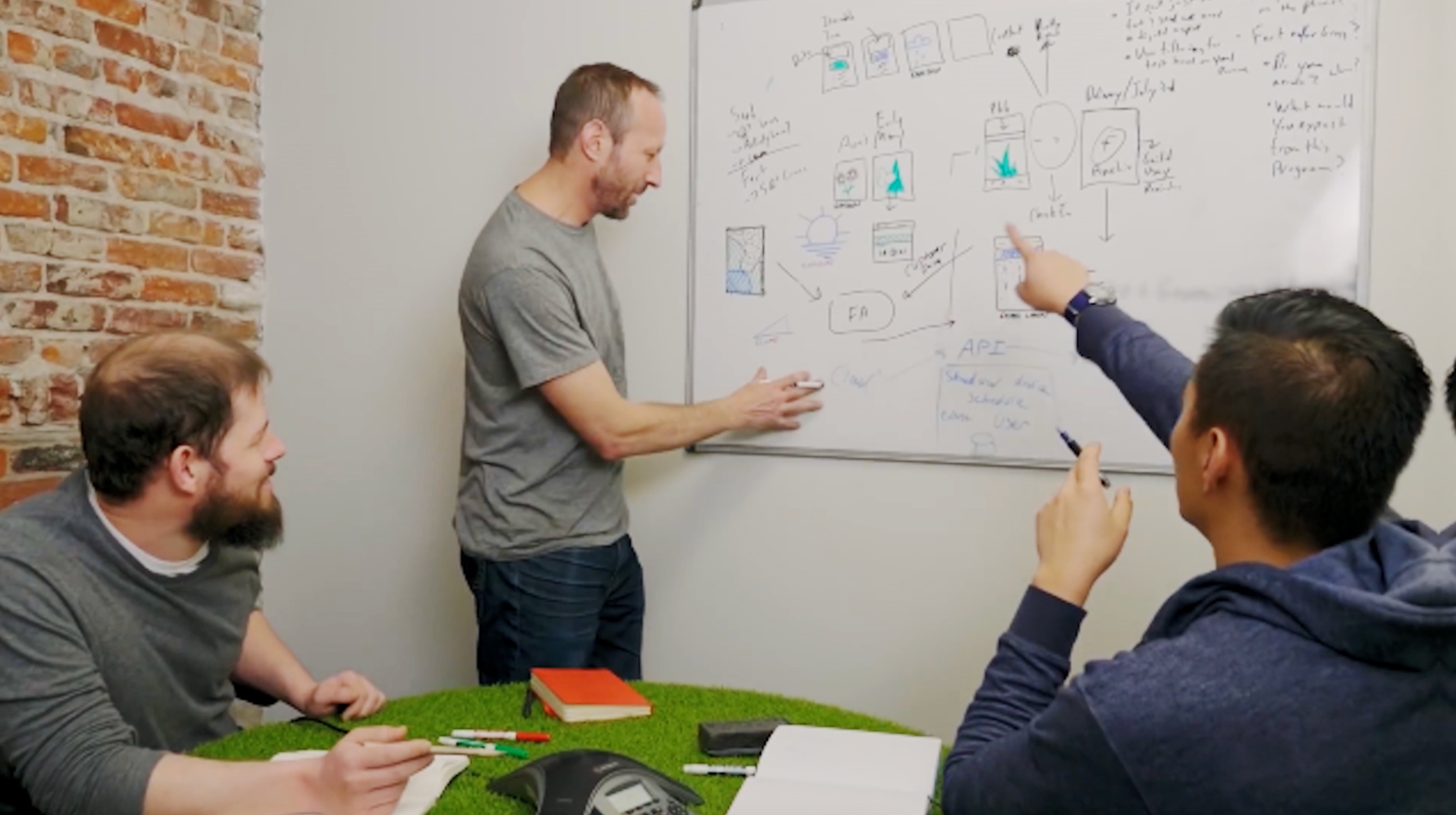 Rachio employees discussing ideas around a white board