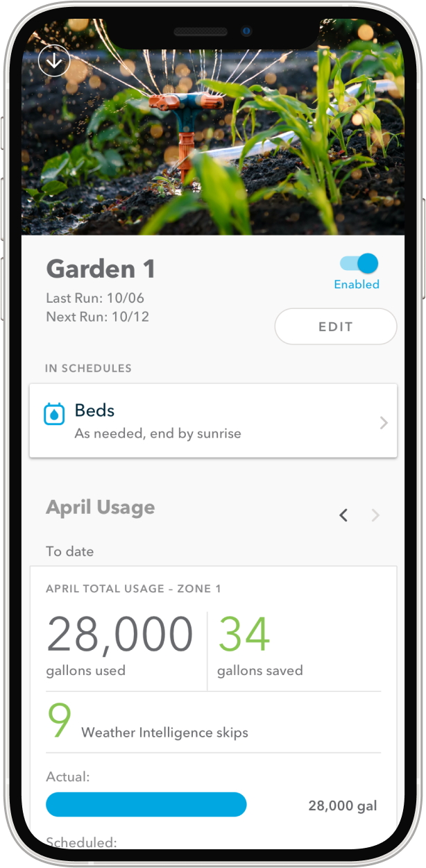 Zone detail screen in Rachio app