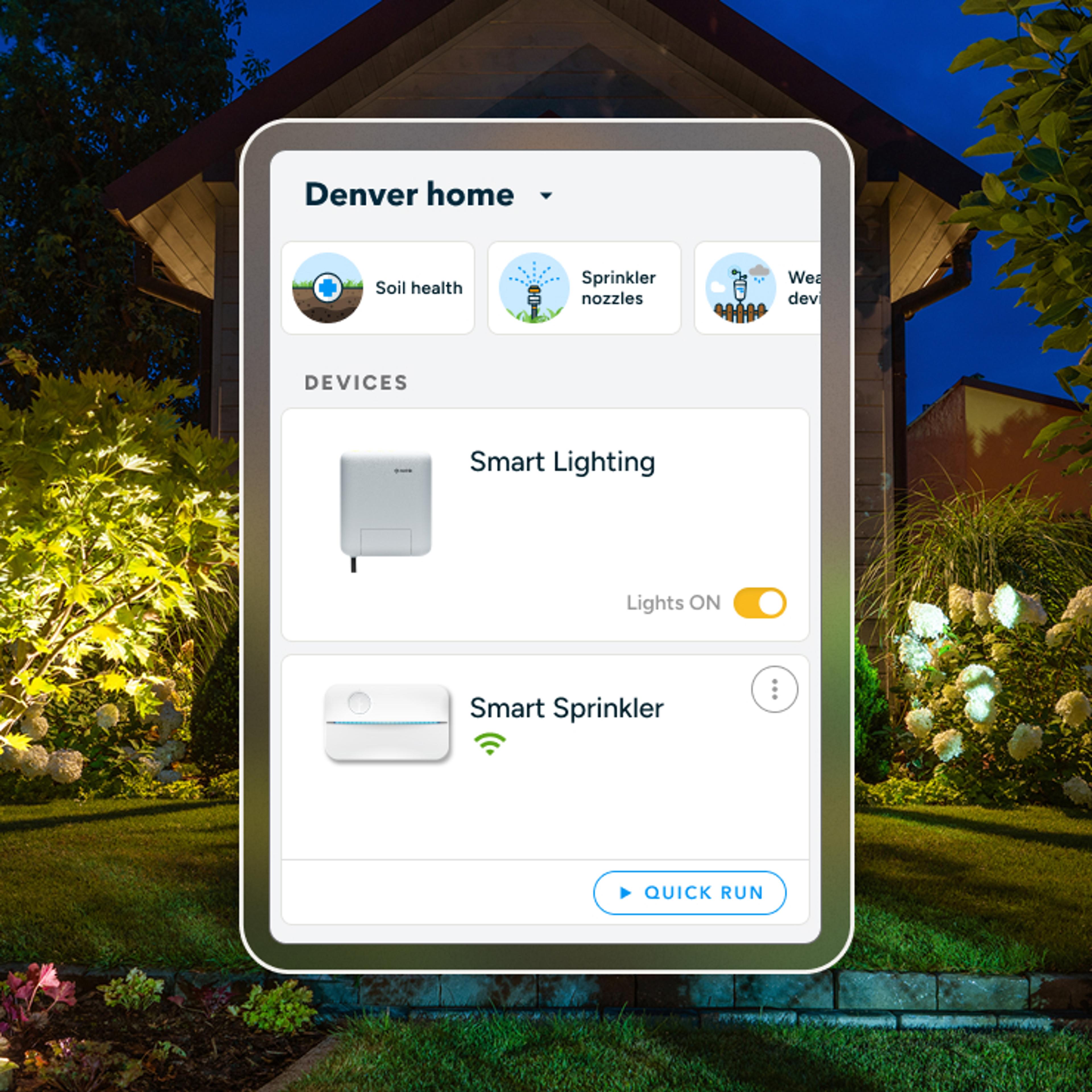 Rachio App property screen with Smart Lighting Controller and Smart Sprinkler Controller.
