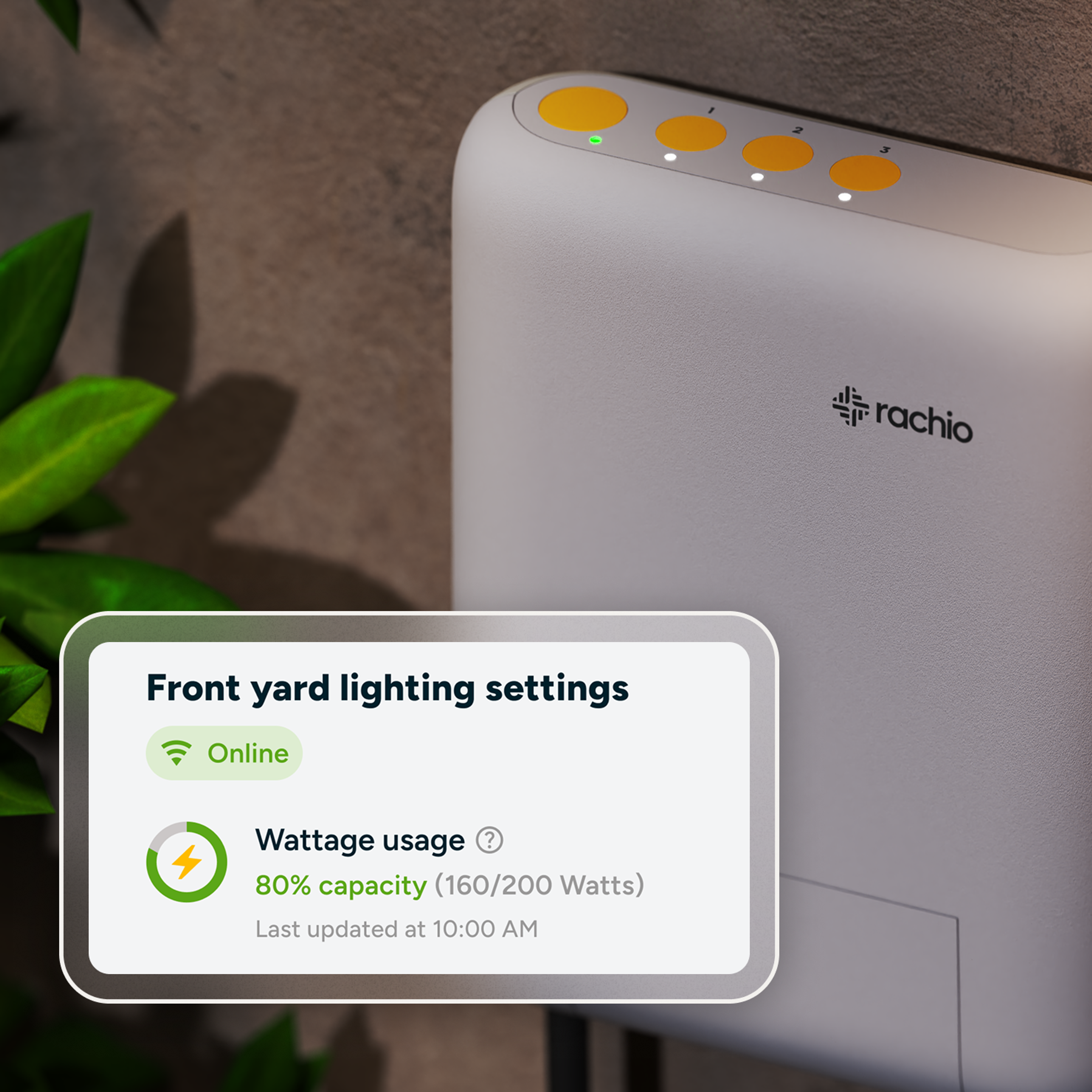 Smart Lighting Controller hardware in the background with controller wattage information from an in-app screenshot. It shows "Front yard lighting settings" and that the controller is online. The controller shows that it is at 80% capacity (160/200 Watts) and when the data was last updated.