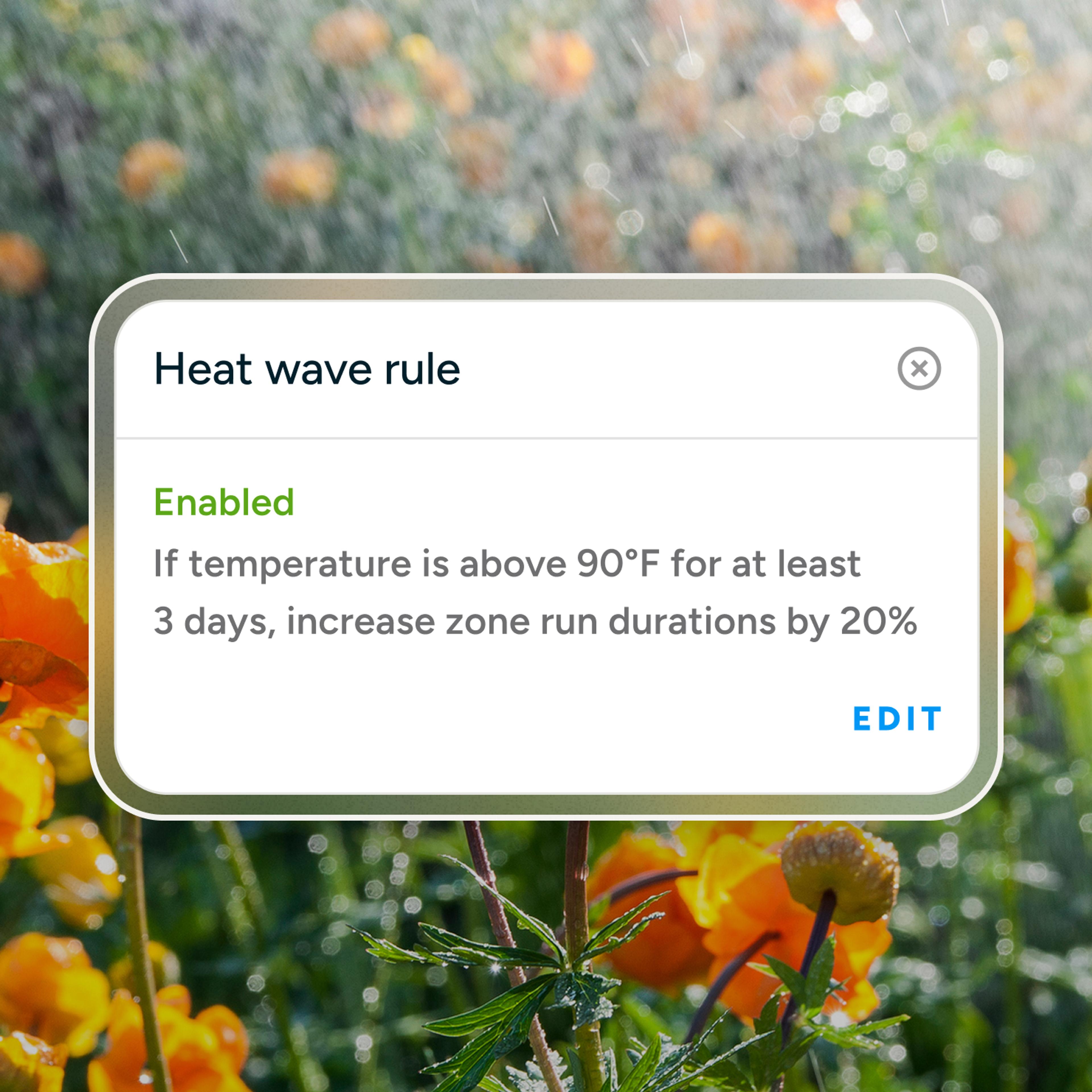 Example heat rule setting in the Rachio App