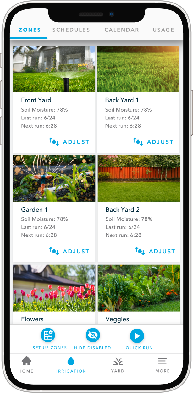 Irrigations zones as shown in the Rachio app