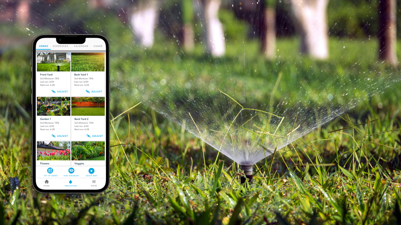 Sprinkler watering lawn with the Rachio app
