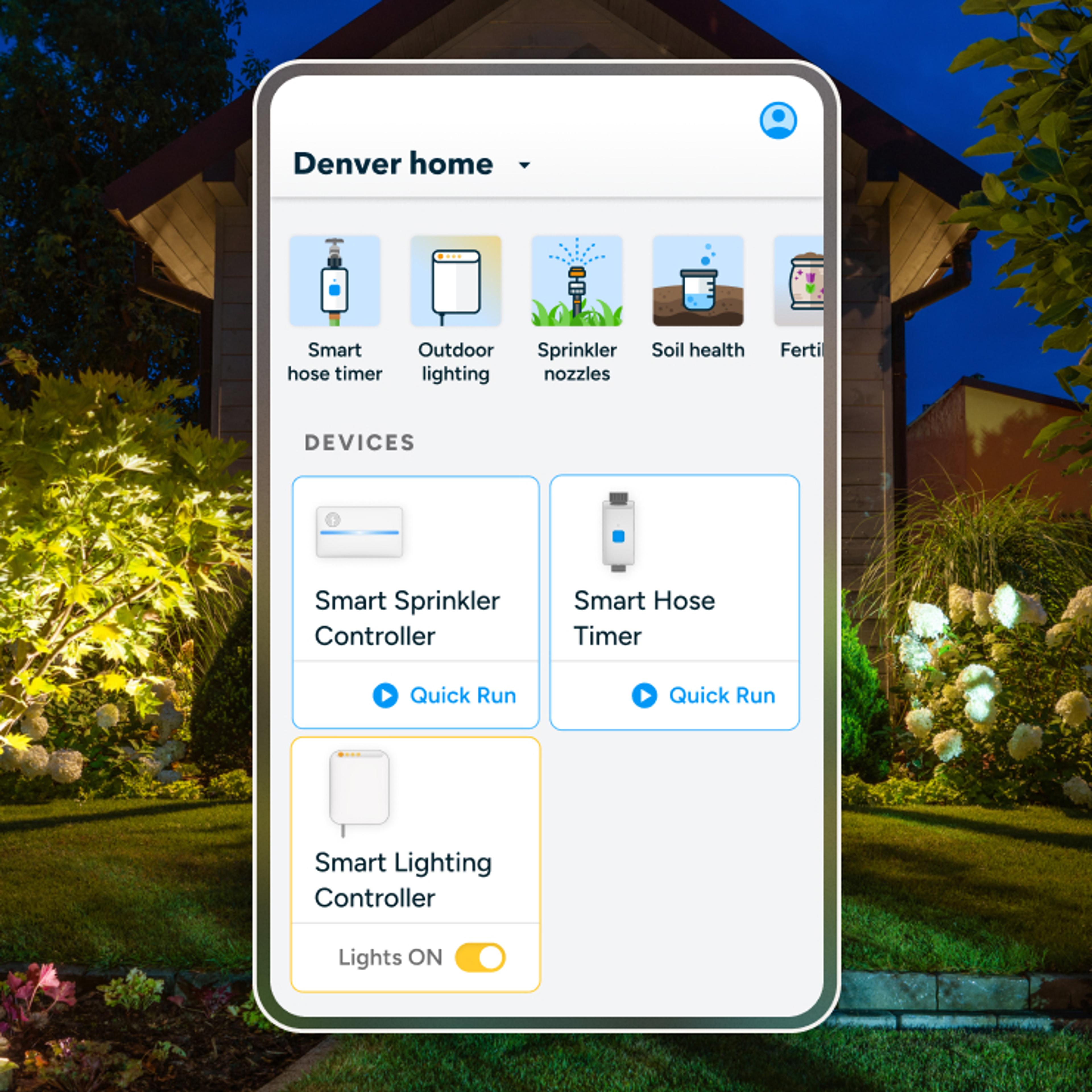 Rachio App property screen with Smart Lighting Controller and Smart Sprinkler Controller.