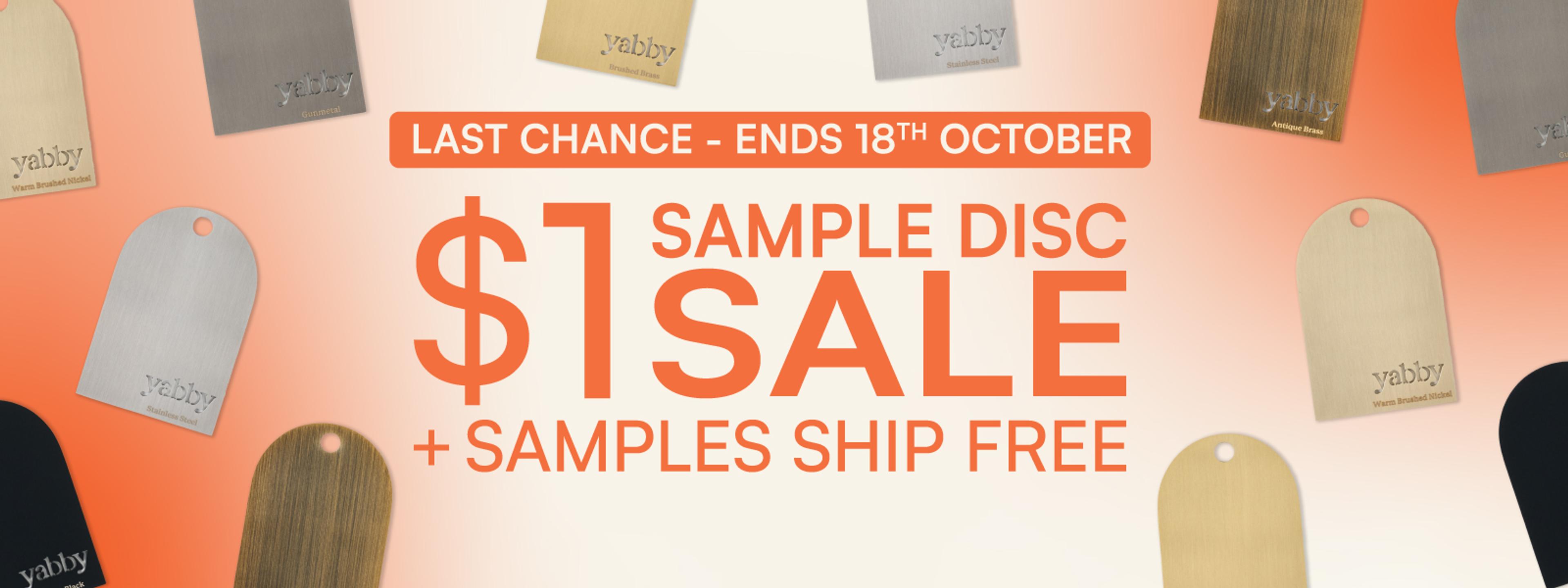 Promotional graphic for a $1 sample disc sale, surrounded by hanging finish samples
