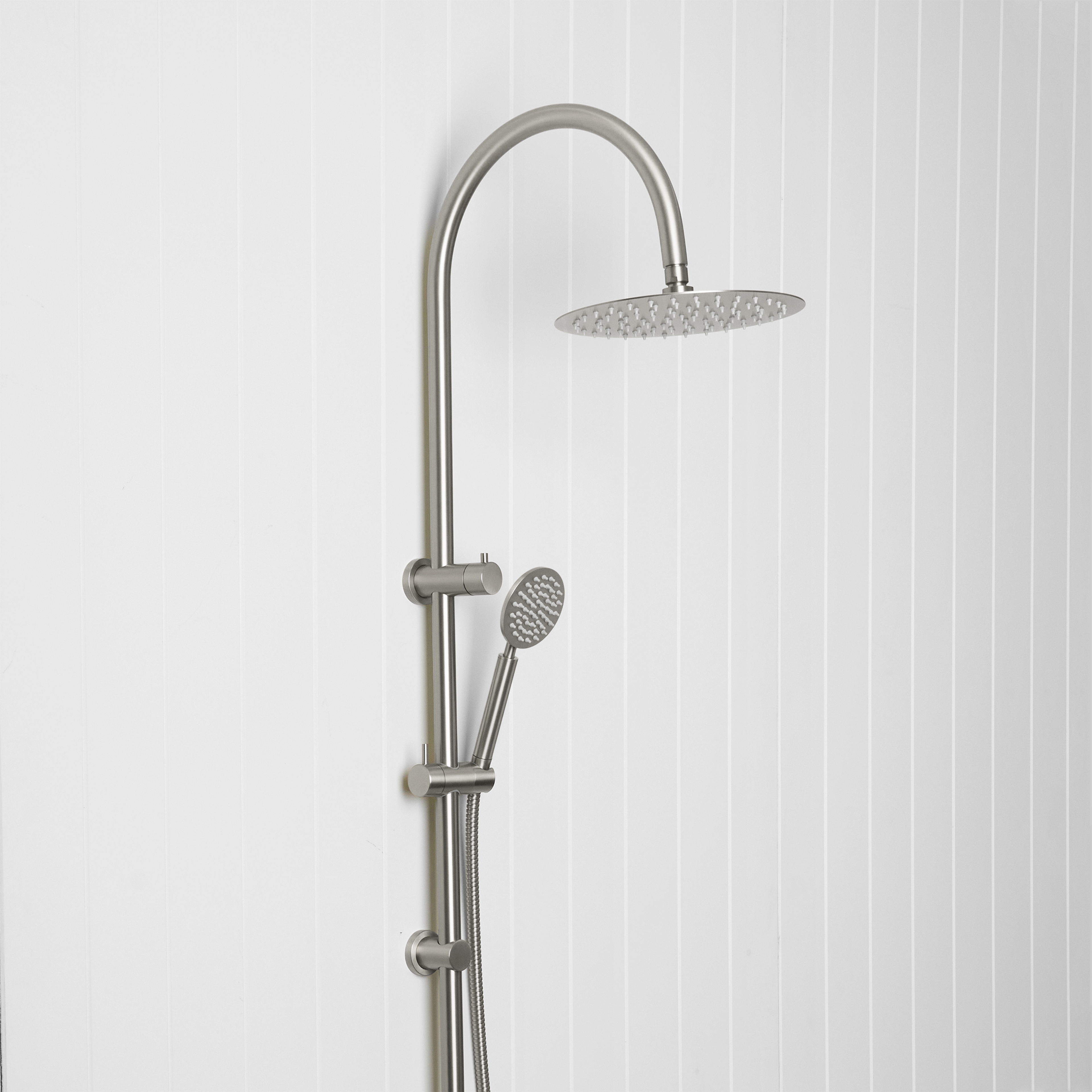 Gooseneck combination shower in stainless steel, with an overhead shower and handheld sprayer