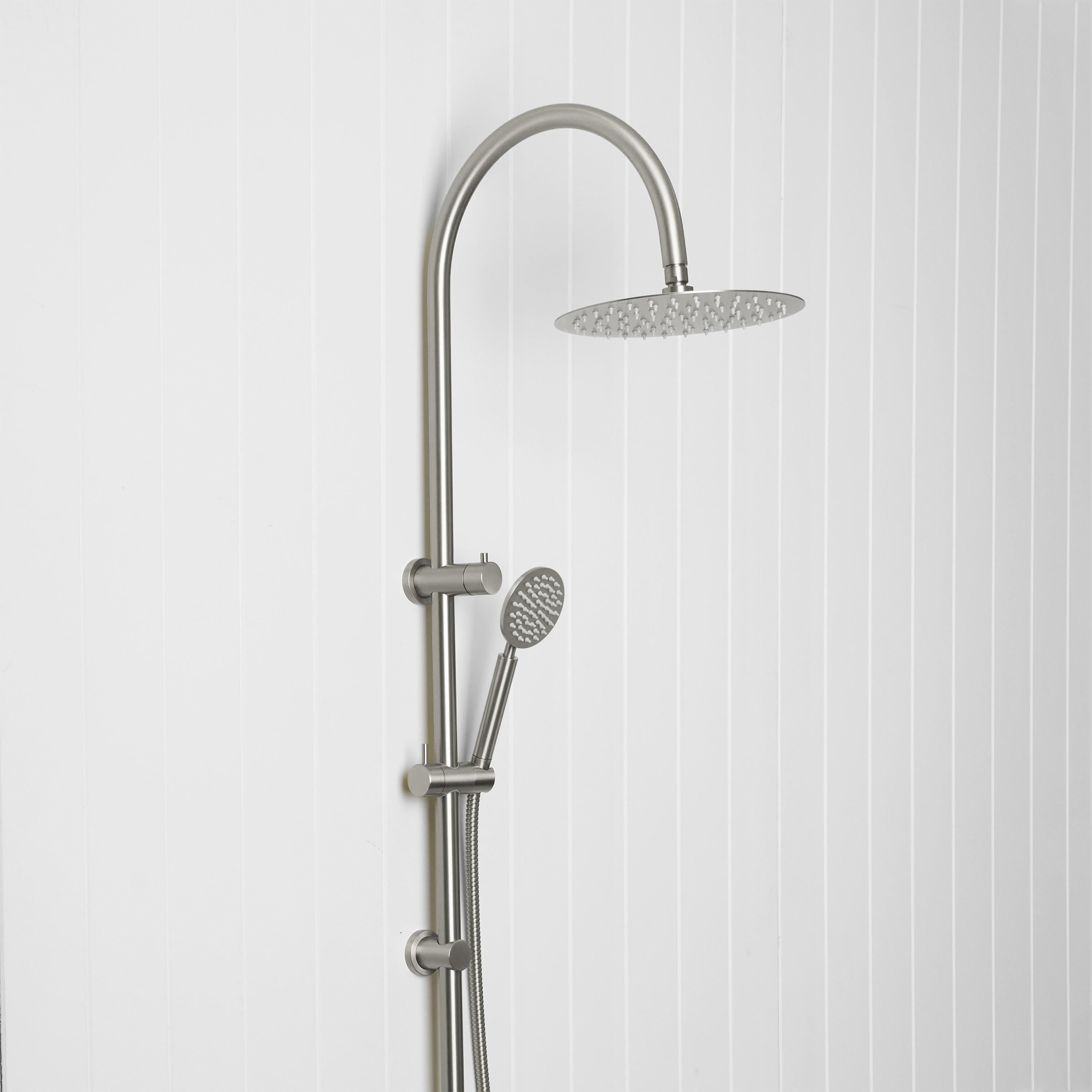 Gooseneck combination shower in stainless steel, with an overhead shower and handheld sprayer