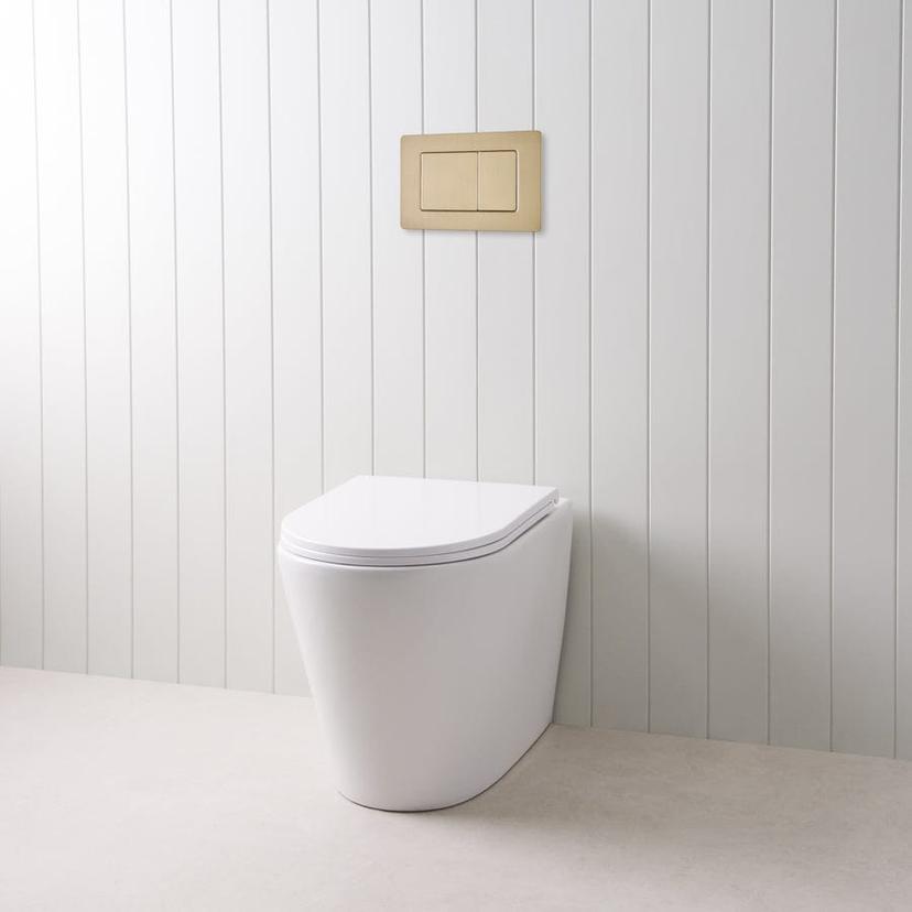 Angled In-Wall Toilet With Rectangle Warm Brushed Nickel Buttons ...