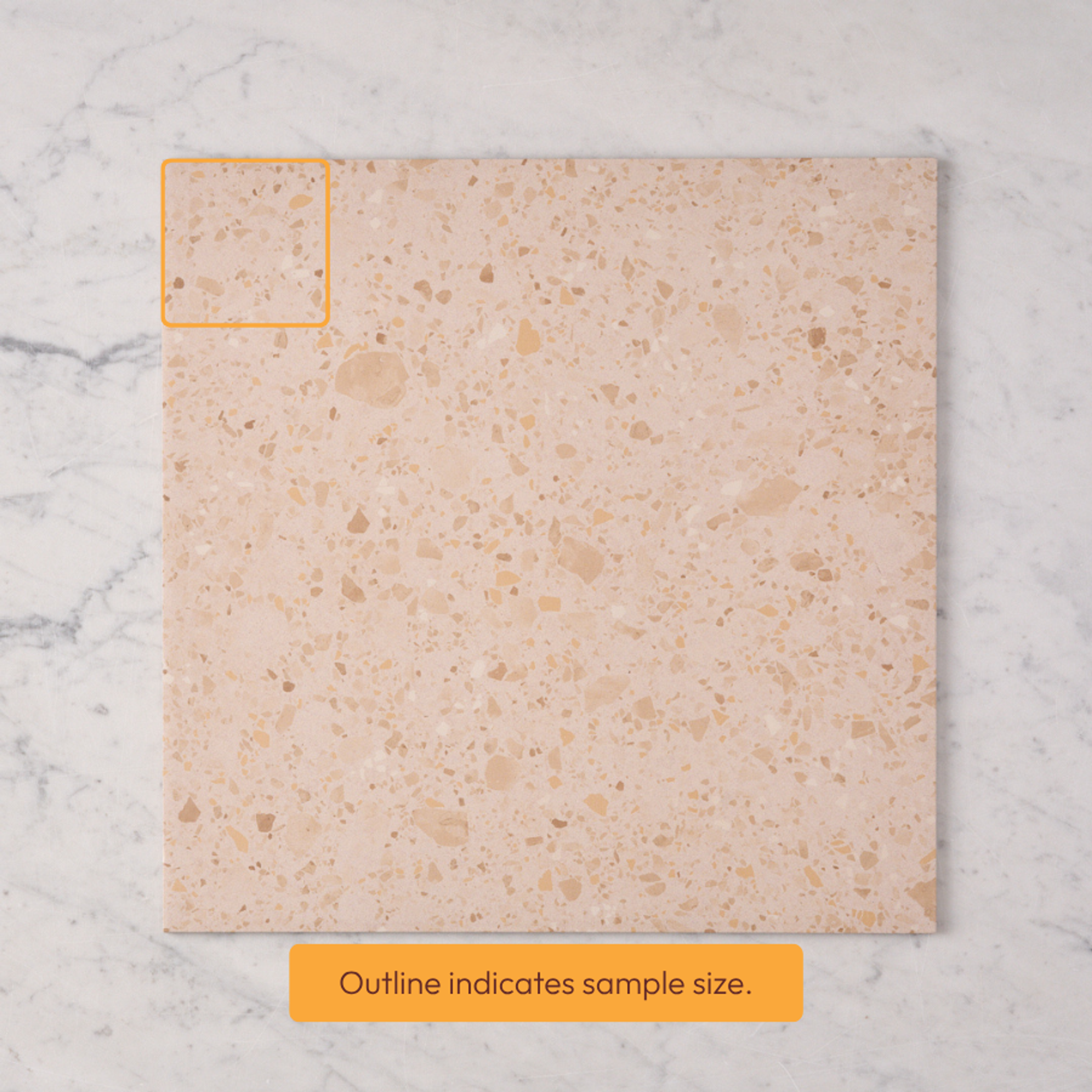 Yamba Blush terrazzo-look tile sample with a speckled pattern and sample-size outline