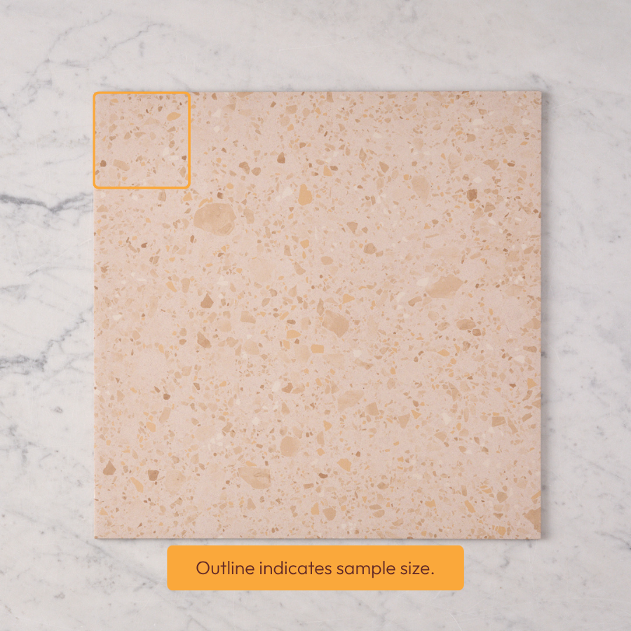 Yamba Blush terrazzo-look tile sample with a speckled pattern and sample-size outline