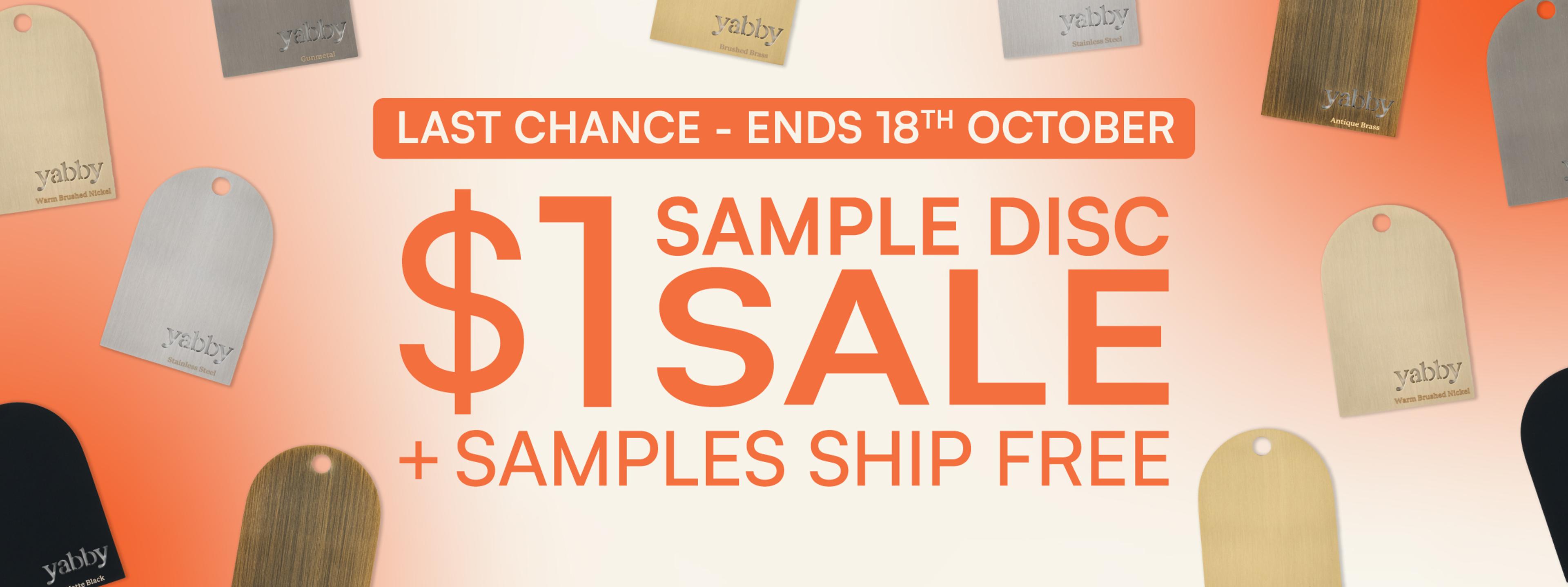 Promotional graphic for a sample disc sale, with assorted finish samples around the text