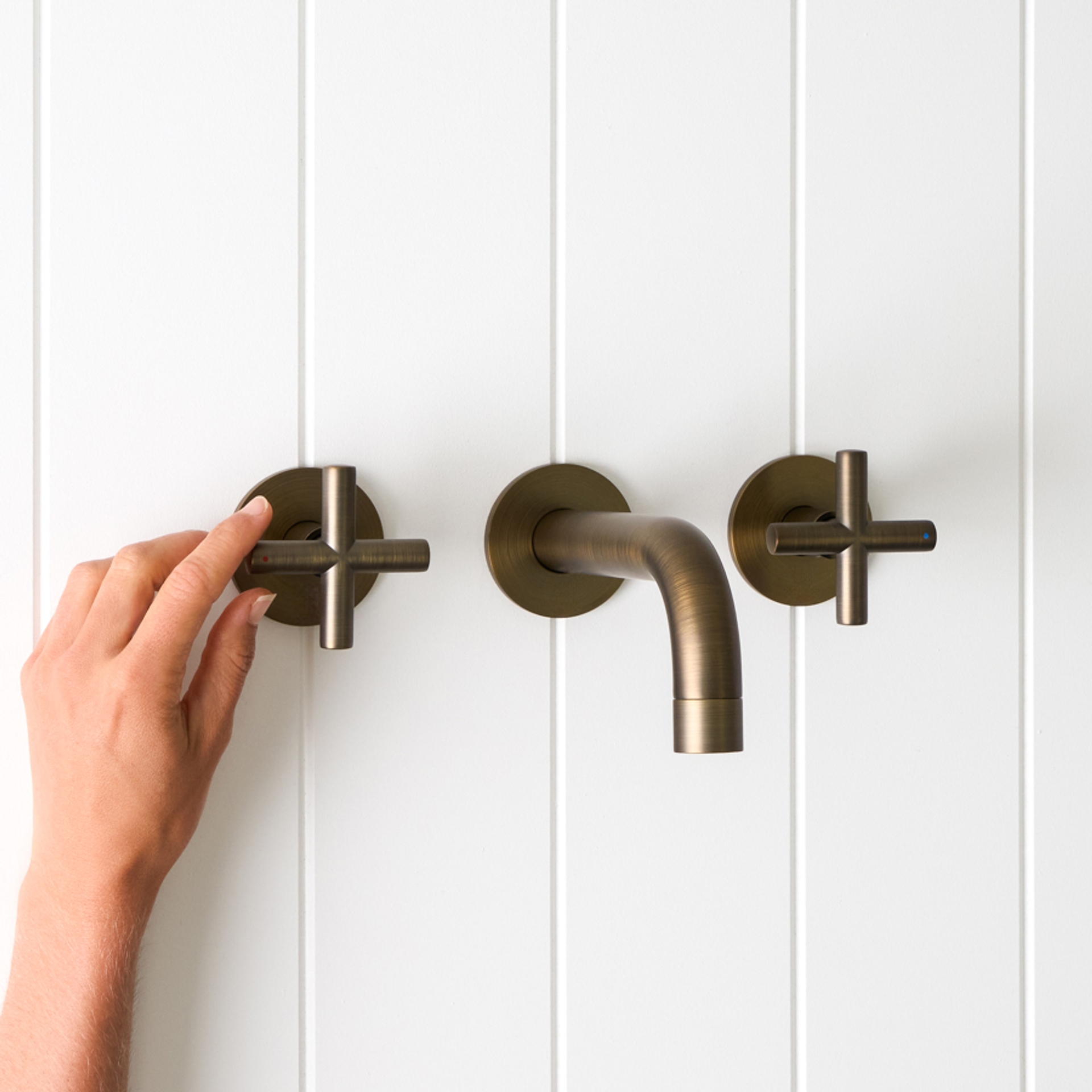 Sydney Wall Spout + Cross Taps Antique Brass | Yabby Tapware