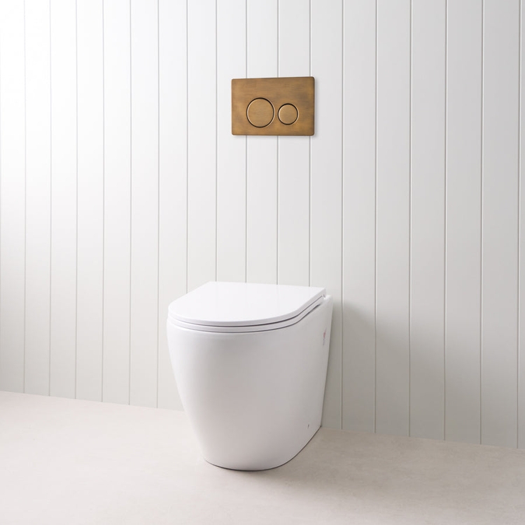 Curved In-Wall Toilet With Round Antique Brass Buttons | Yabby