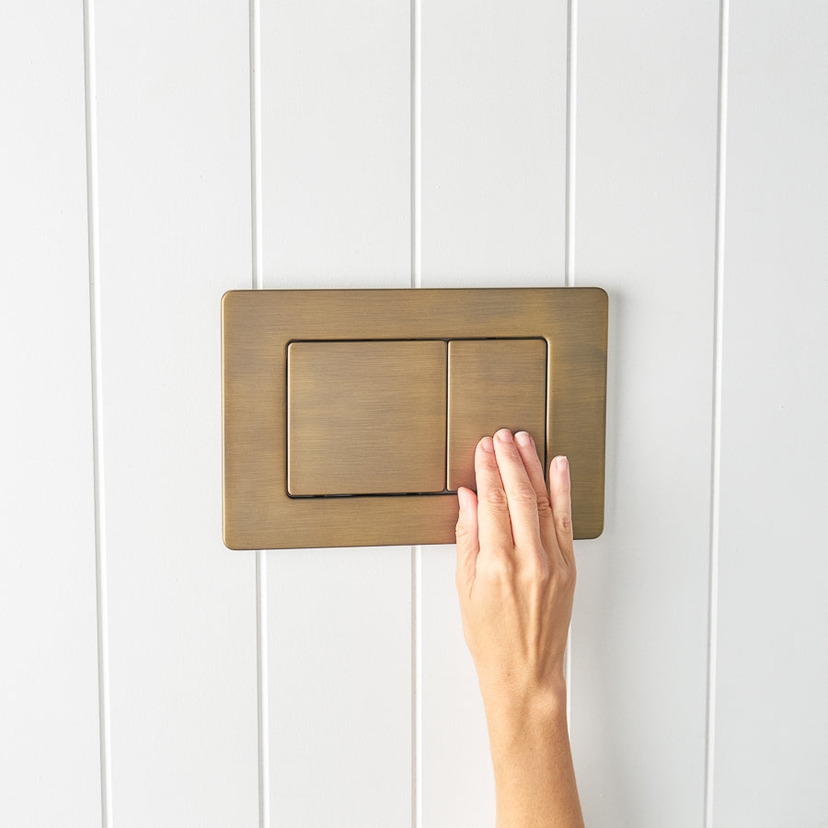 Curved In-Wall Toilet With Rectangle Antique Brass Buttons | Yabby