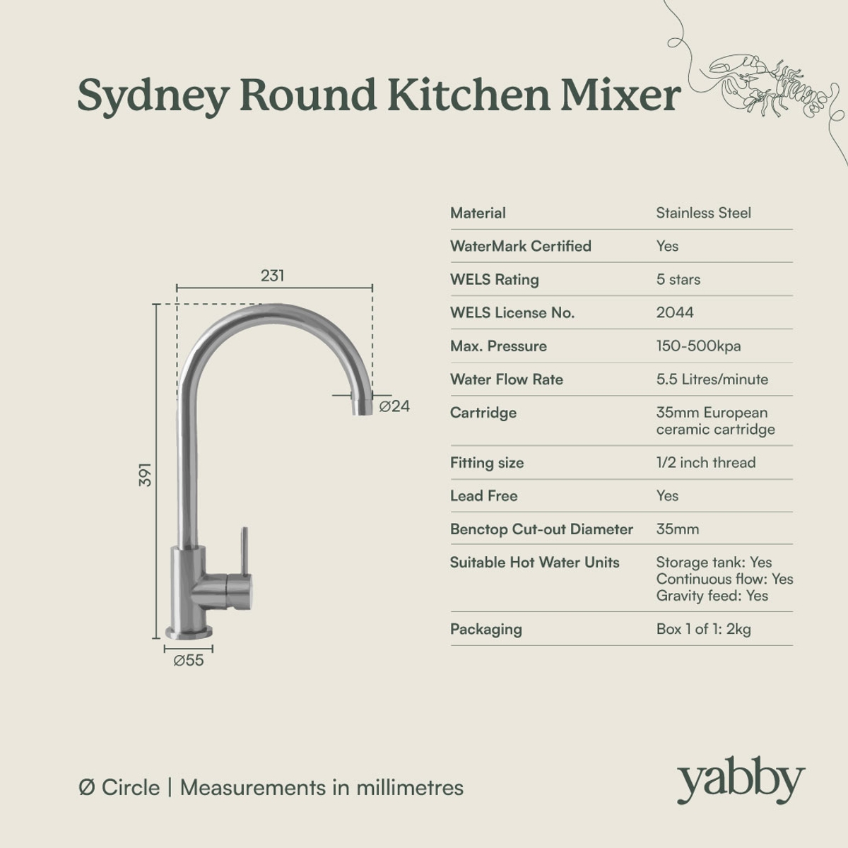 Sydney Round Kitchen Mixer Brushed Brass | Yabby Tapware