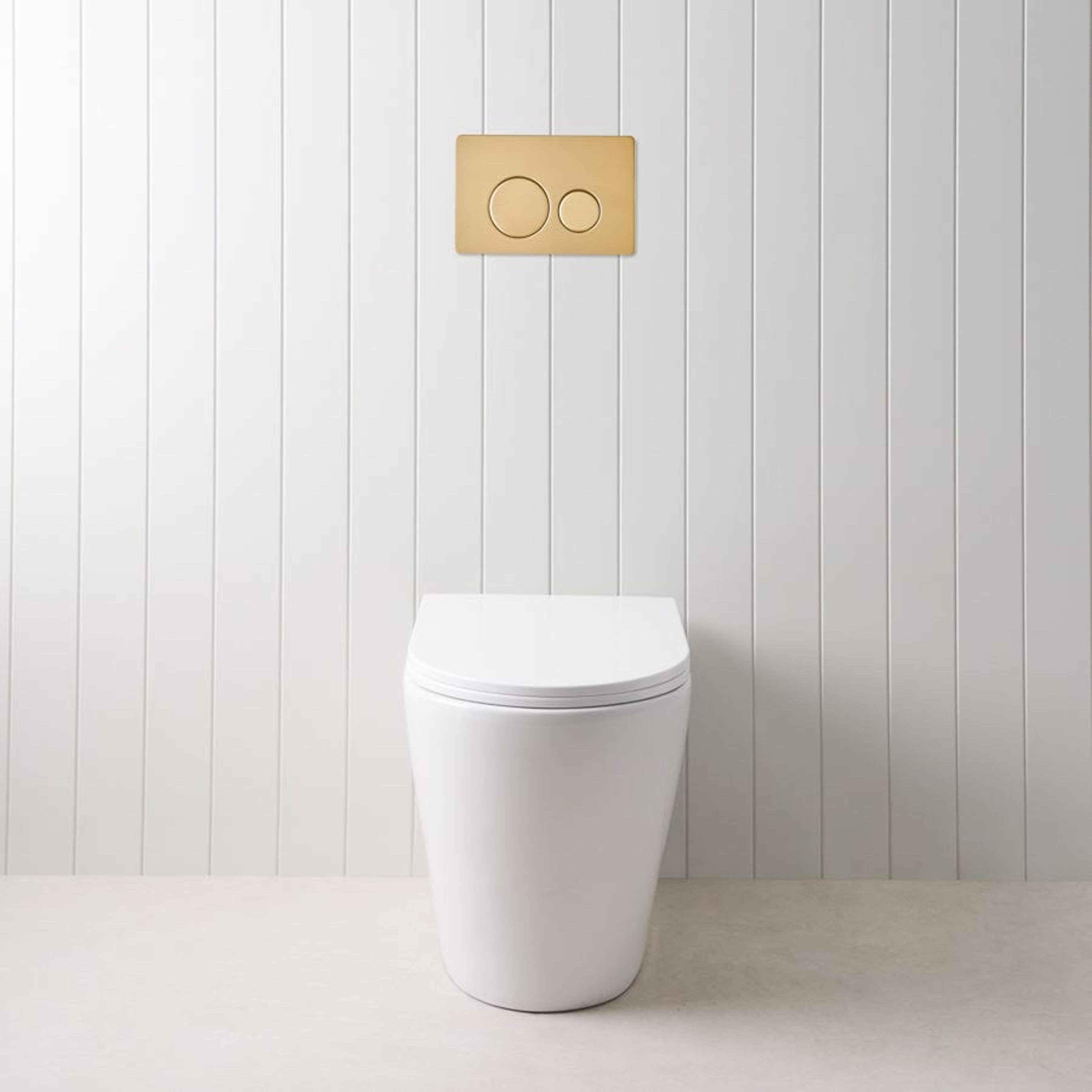 TileCloud TOILETS Angled In-Wall Toilet With Round Brushed Brass Buttons